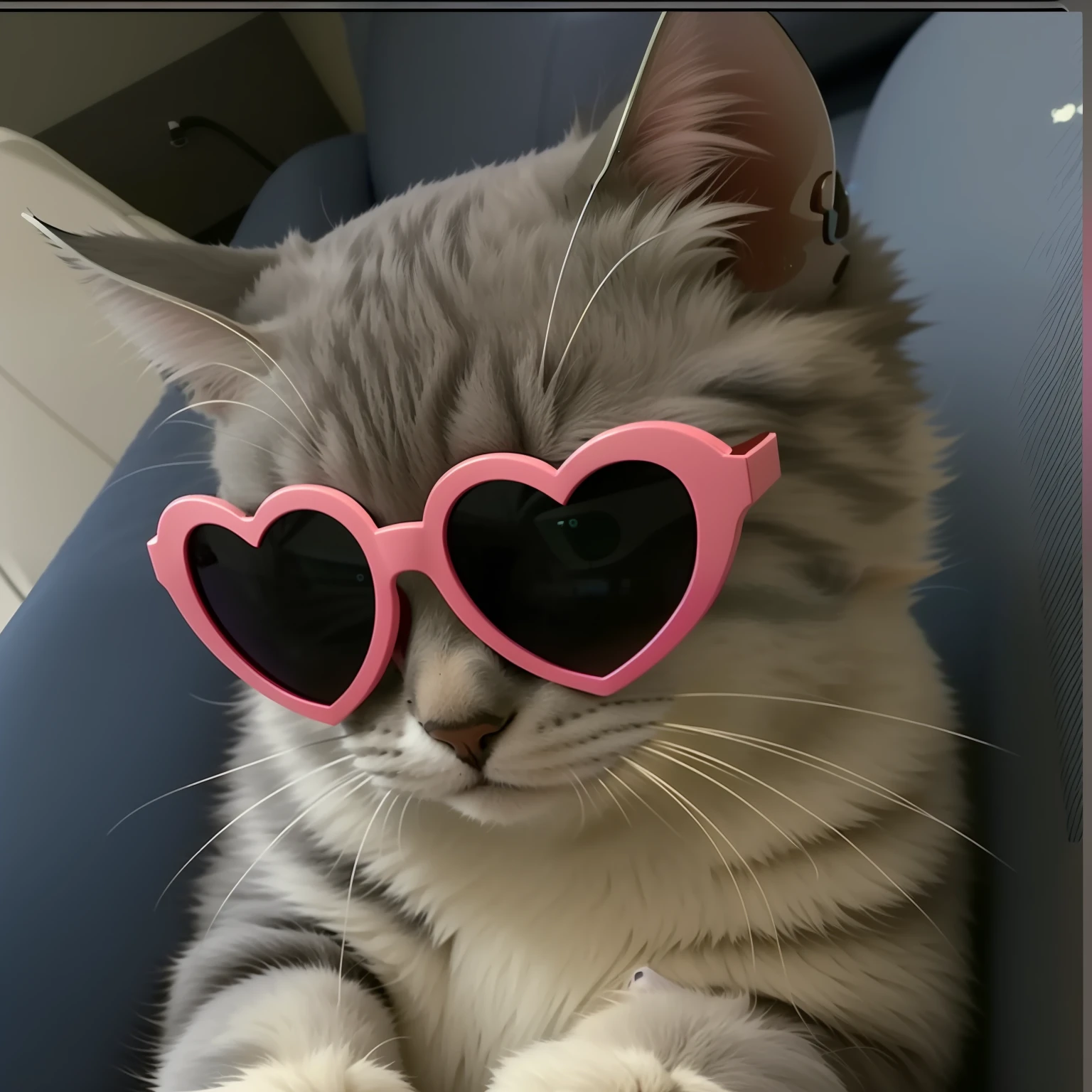 On the sofa is a gray cat wearing heart-shaped sunglasses, With sunglasses, wears sunglasses, looking heckin cool and stylish, Wearing cool sunglasses, wearing shades, funny sunglasses, with sunglass, sun glasses, Pink glasses, Wearing sunglasses, Cool sunglasses, funny cat, A cute cat, Cute cat, lemon wearing sunglasses, wears sunglasses, Heart eyes, sunglasses