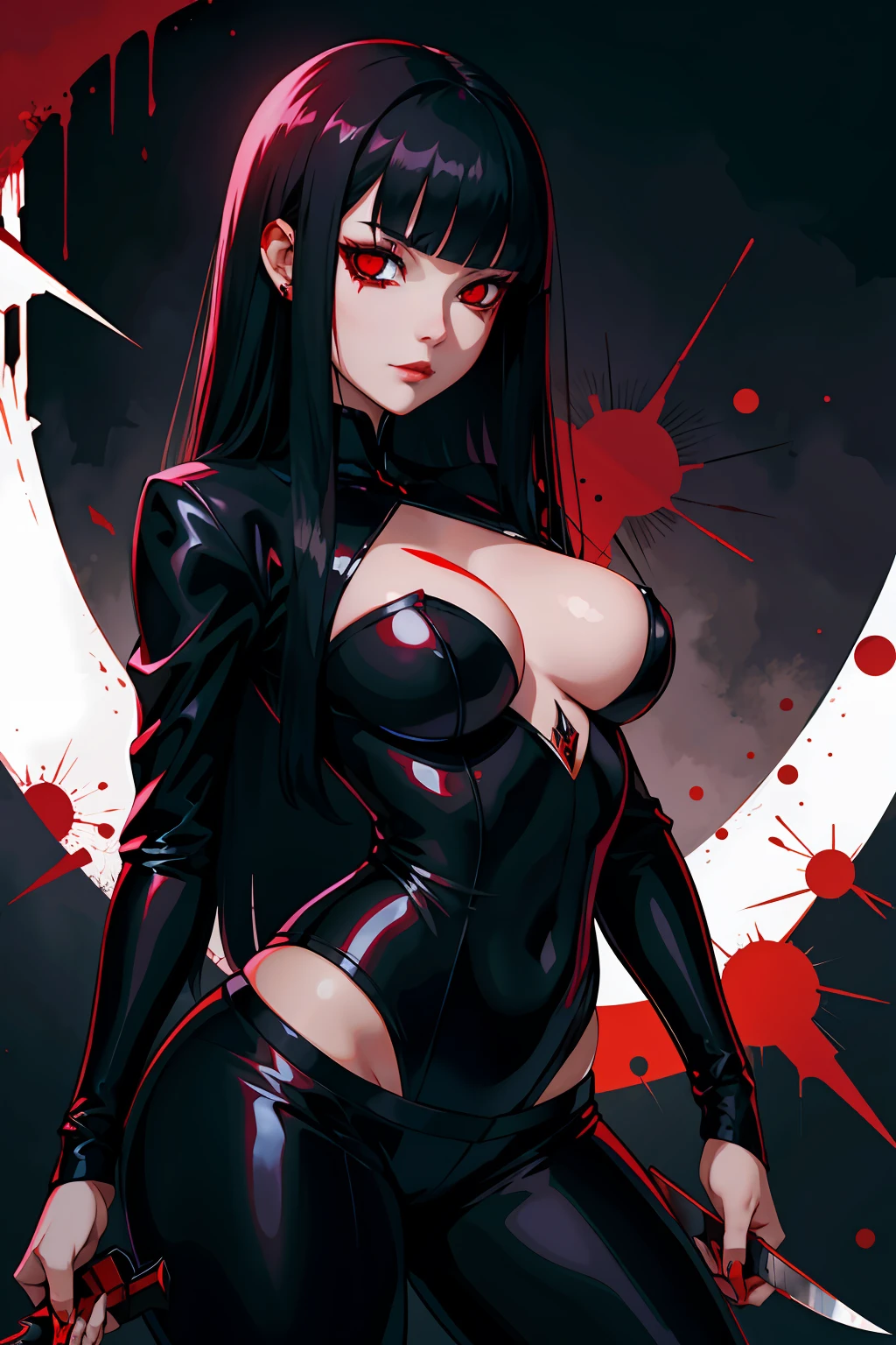 Pyscho Girl long black hair with bangs red eyes gothic knife blood Gore