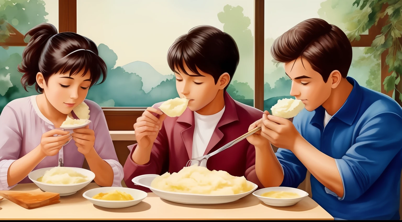 Men and women eating mashed potatoes,top-quality,watercolor paiting