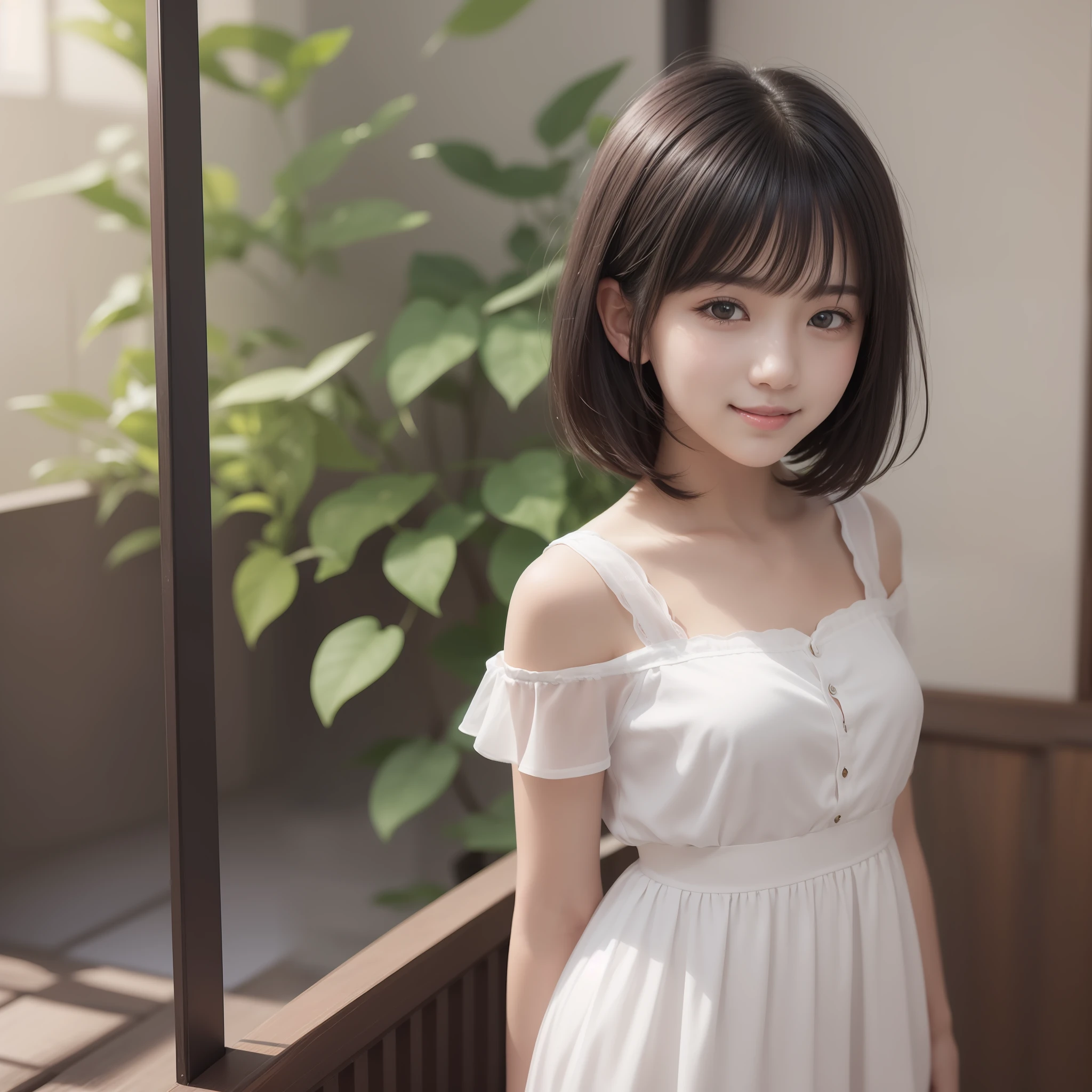 Image of beautiful teenage girl with top quality CG illustration。In high resolution、Beautiful fine details、tranquil atmosphere。(((Black Hair Bob Hair)))、Cute smile with mouth closed。Girl in white light short sleeve dress standing in room。