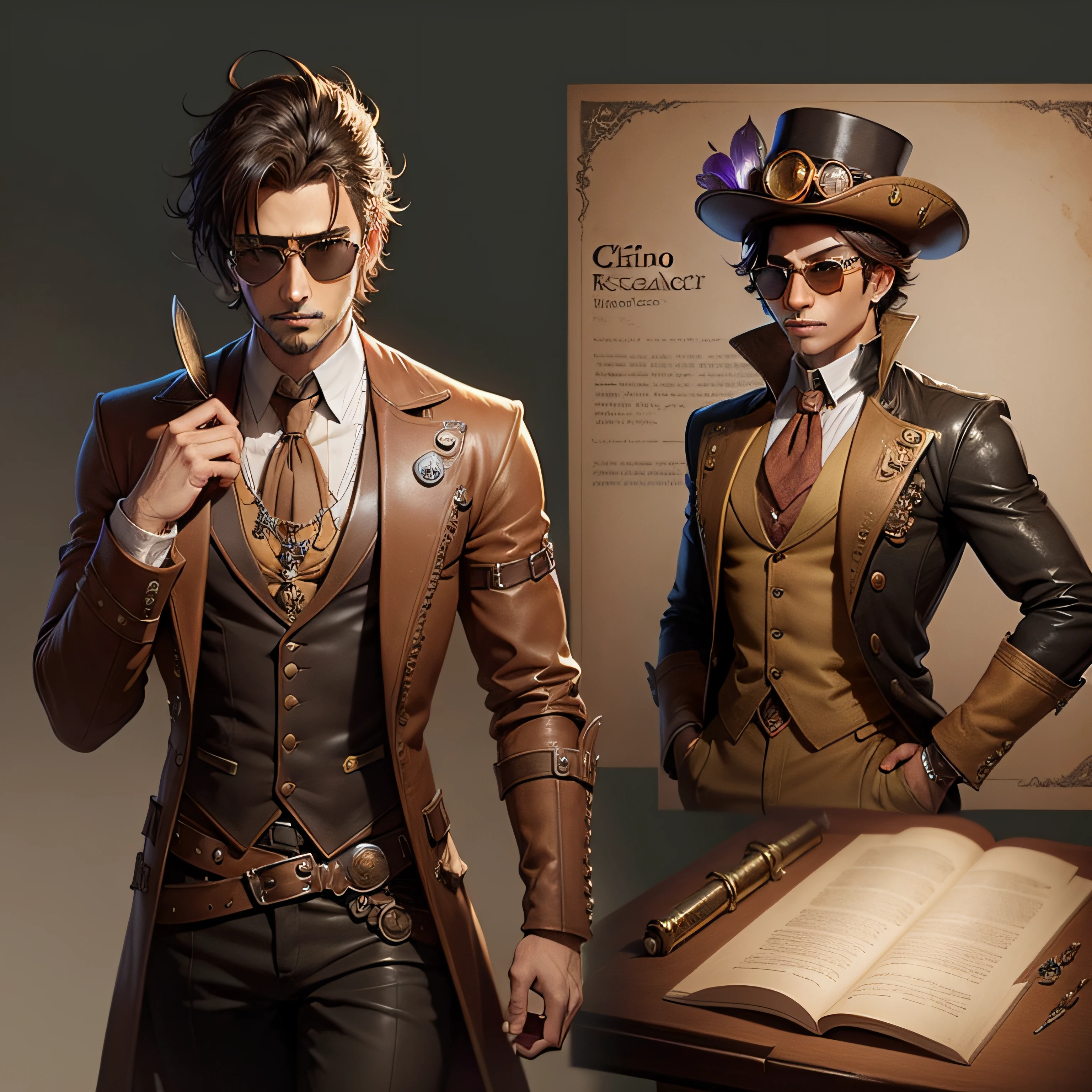 Concept art RPG character of the crazy and magical researcher Chico Science in the steampunk style and wearing sunglasses