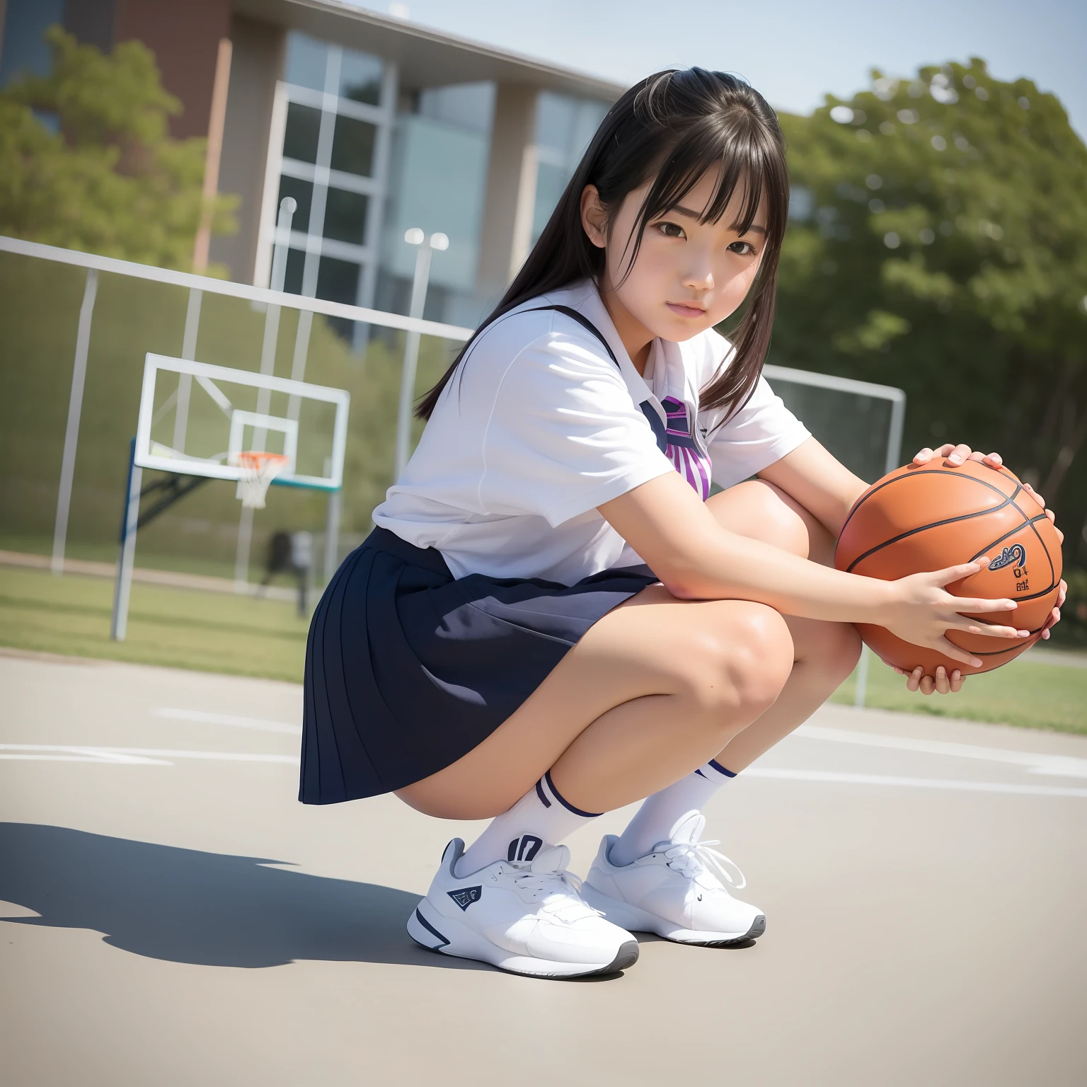 schoolgirls,Raised sexy,basketball ball,Squat and sit,The upper part of the body,