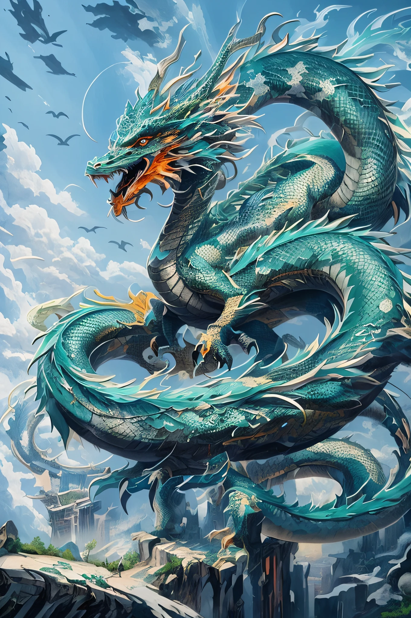 Dragon painting on a cliff，The background is a city, majestic japanese dragon, chinese dragon concept art, Dragon Art, epic dragon, Legendary Dragon, Chinese Dragon, oil painting of dragon, Highly detailed digital art, smooth chinese dragon, Dragon, phoenix dragon, highly detailed digital artwork, mythological creatures, drak, Hiryu, detailed dragon, by Yang J