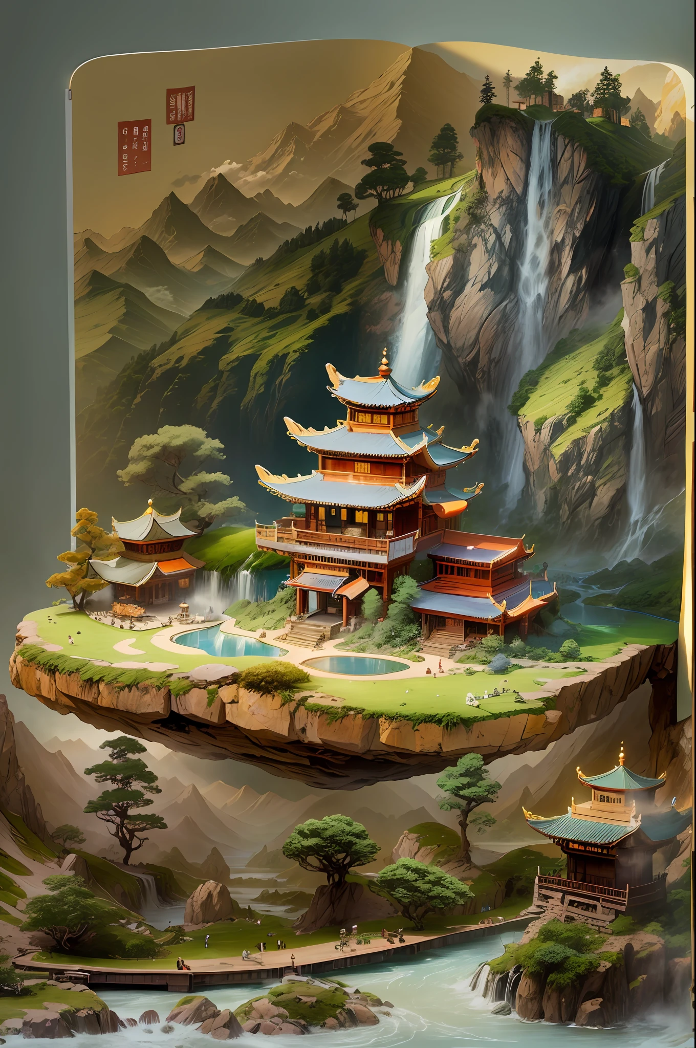(popup book:1.5)，(Chinese scenery)，(Extremely colorful, Best quality, high detal, Masterpiece, offcial art, Cinematic lighting, 4K, Chiaroscuro)An epic scenery of Chinese mountains and rivers，There are many small peaks in the distance，Clouds surround，The mountain fog is pervasive，huge waterfalls，There is a pavilion nearby，Strange pine trees，Countless waterfalls and streams，There is also a tea room at the foot of the mountain，Like Wonderland，Realistic shooting，ultra-wide-angle， cheia de luz