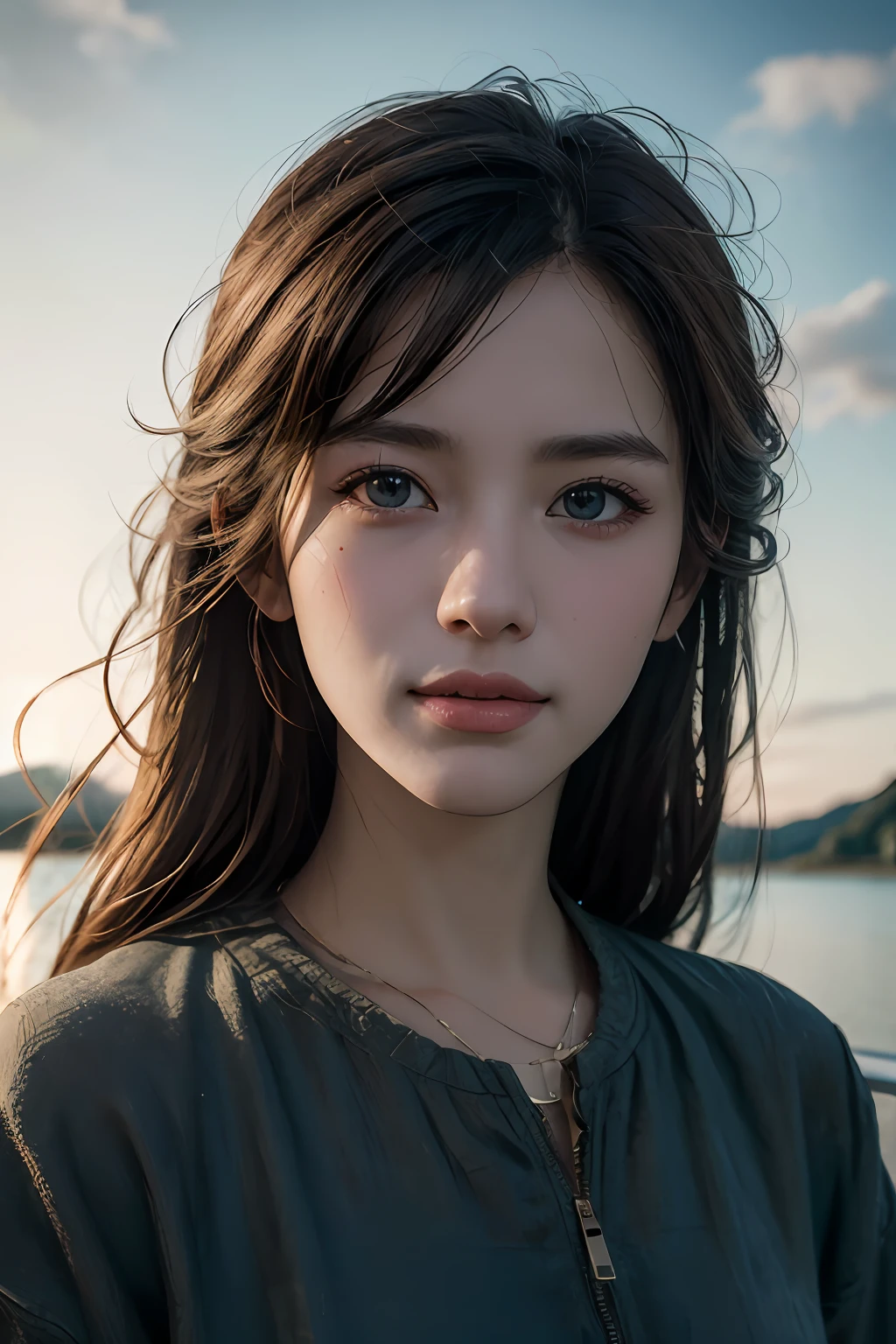 Chiaroscuro, Cinematic lighting, A high resolution, Best quality, 4K, High quality, High details, Super detail, Masterpiece,Around the lake,tall nose bridge,Few clothes,Kizi,Messy beauty,Tanaka,with blue sky and white clouds,Dingdall effect,sun light,ssmile,adolable
