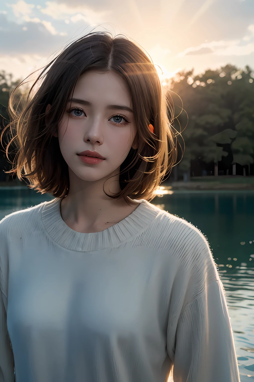 Chiaroscuro, Cinematic lighting, A high resolution, Best quality, 4K, High quality, High details, Super detail, Masterpiece,Around the lake,tall nose bridge,Few clothes,Kizi,Messy beauty,Tanaka,with blue sky and white clouds,Dingdall effect,sun light,ssmile,adolable