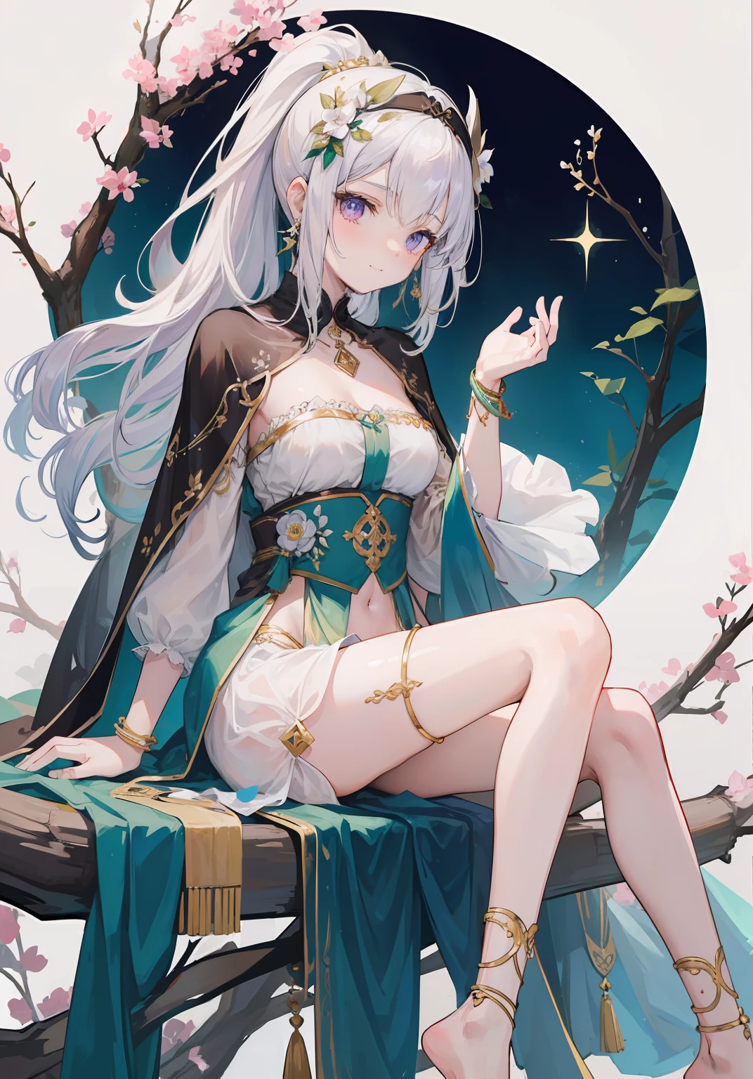 (Extremely delicate and beautiful:1.2),1girll,(Extremely delicate and beautiful:1.2),1girll,Not exposed,Cover your thighs ,Covers most of the waist,High-chested bandeau,long white hair,High ponytail,Bow and arrow in hand,metal decoration,Anklets,Bracelet,Dark green lined cloak,brown clothes,Dark green bandeau,Dark shawl,Lilac eyes,with a round face,ssmile,Surrounded by falling flowers,long cape,Sit on a tree trunk,Clothes cover the legs,Exotic,Covers part of the waist,metal headband,There are floral ornaments on the hair,Metal leg ring,Pedras preciosas,Sit on a tree,ssmile,forest backgrou,Exotic,exposing your navel,Expose both sides of the waist,ssmile,Holding a flower in his hand,Barefoot,A bandage is wrapped around his waist
