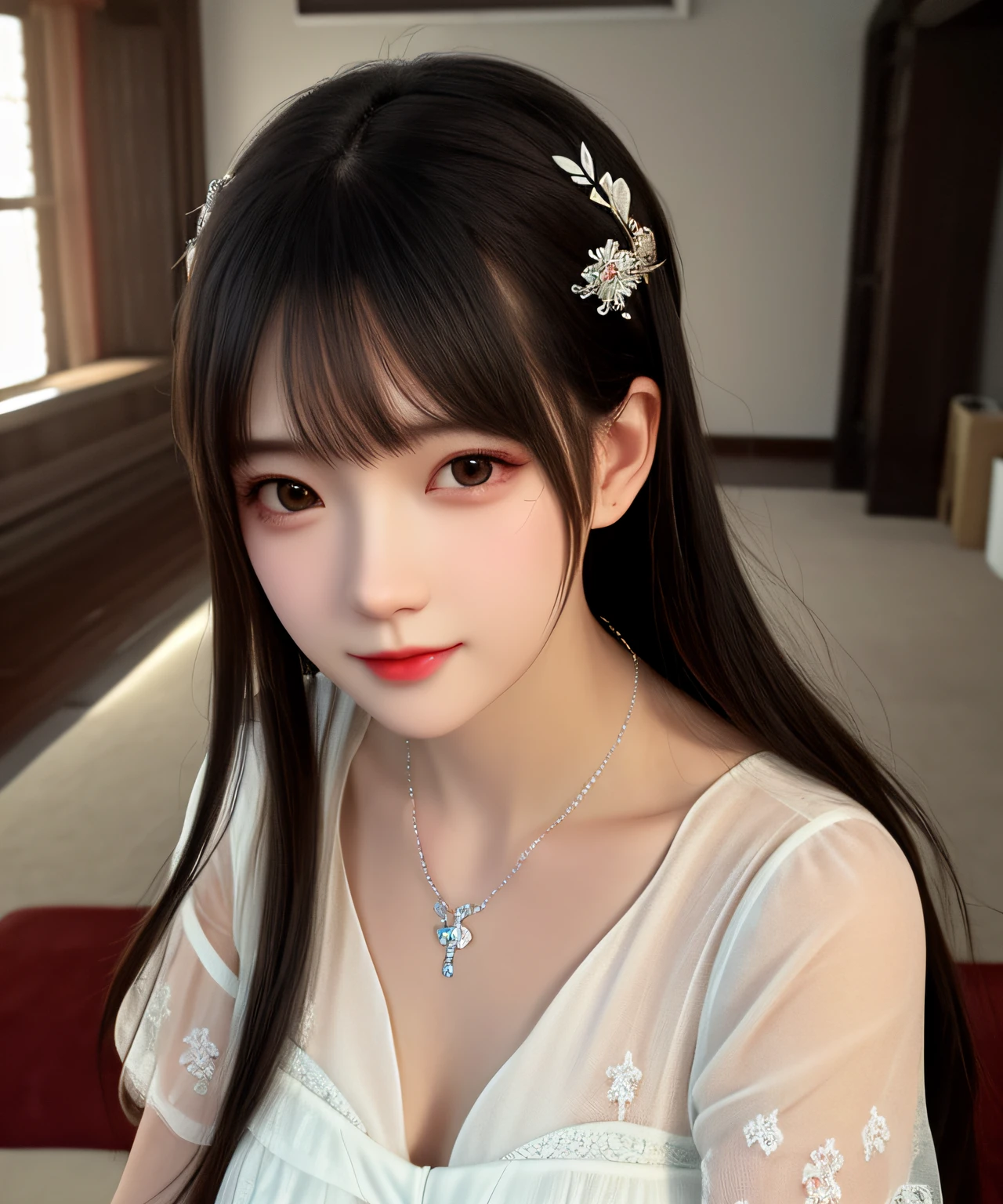 Best quality, masterpiece, high resolution, 1girl, porcelain dress, hair accessories, necklace, jewelry, beautiful face, on the body, Tyndall effect, realistic, dark studio, edge lighting, two-tone lighting, (high detail skin: 1.2), 8k UHD, dslr, soft light, high quality, volumetric light, candid, photo, high resolution, 4k, 8k, background blur,