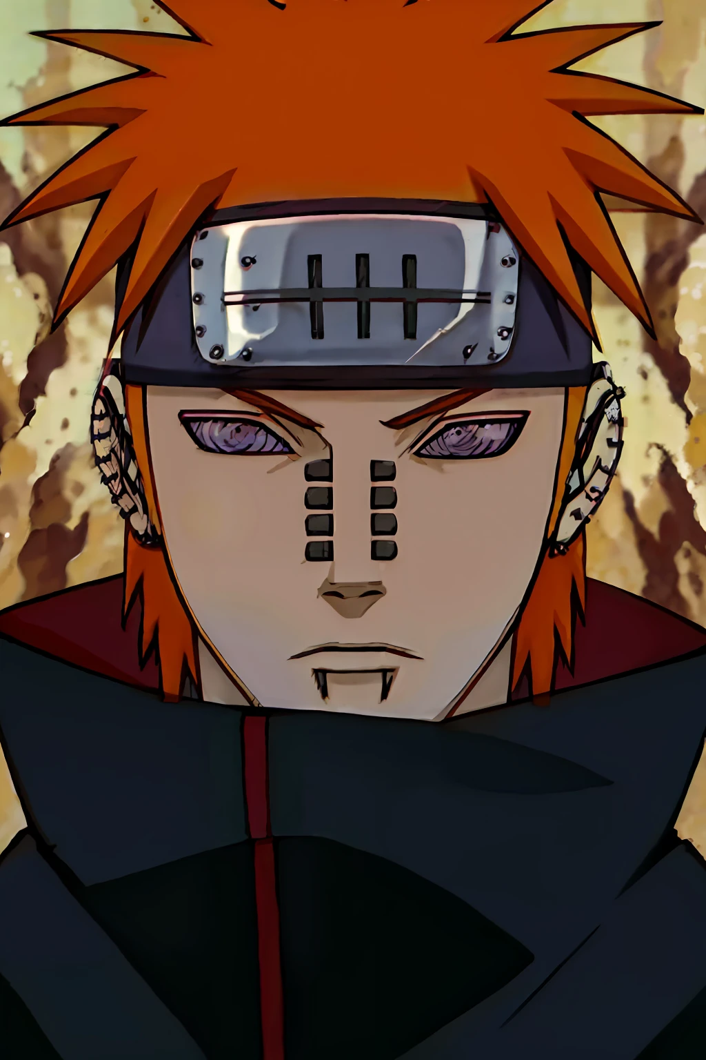 best quality, high resolution, pain, looking at the viewer, akatsuki robe, (rinnegan eyes), detailed eyes, waterfall behind