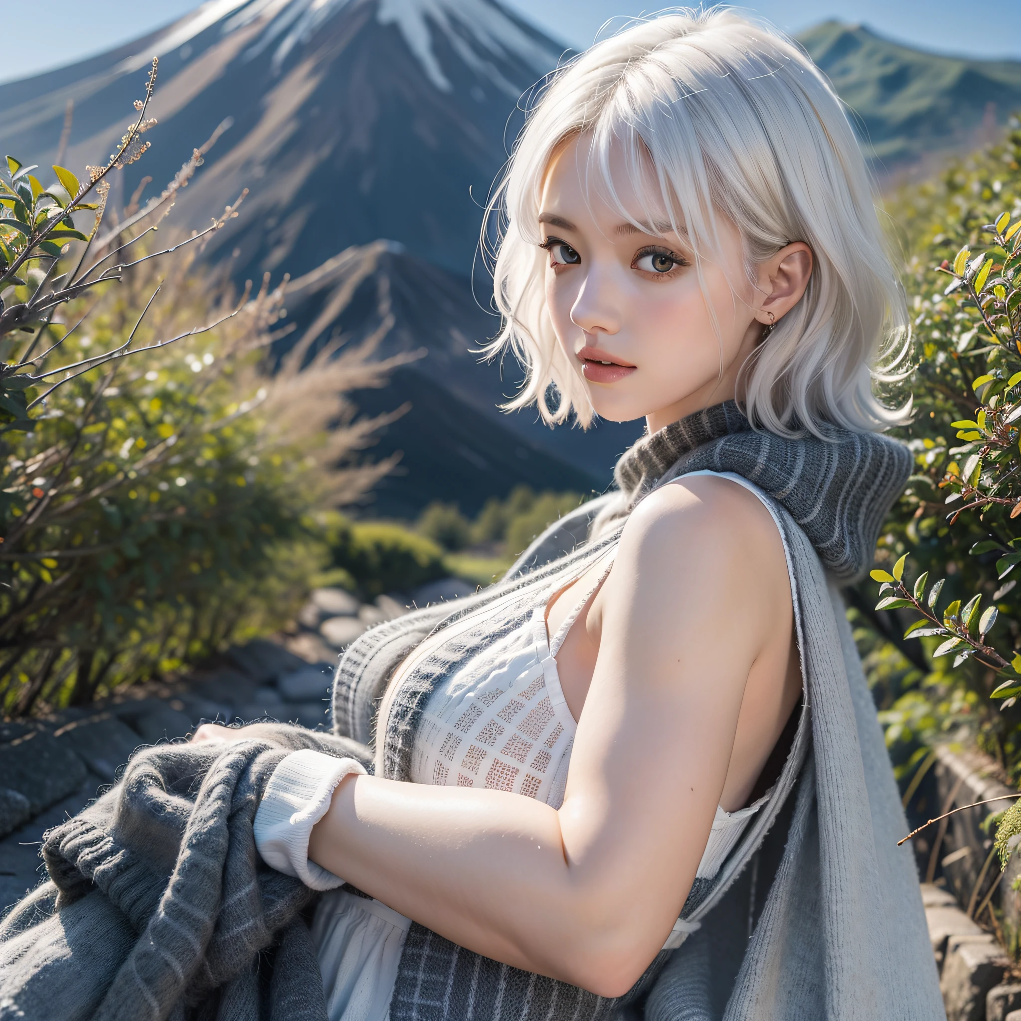 A European and American girl with short white hair and a gorgeous personality,In the magnificent background of Mt. Fuji