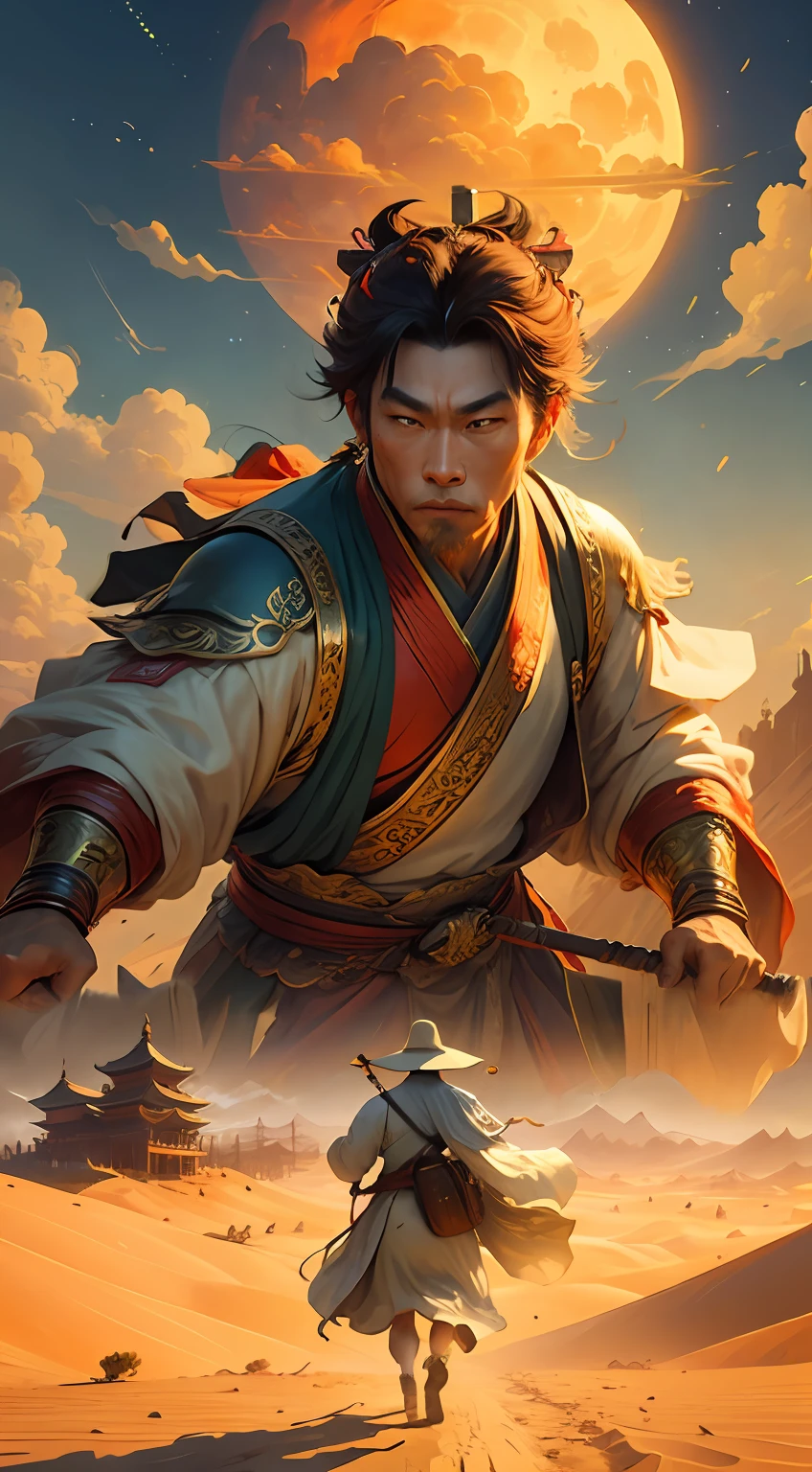 Qi Tian Great Sage Sun Wukong faces the audience，Holding a golden hoop stick，Determined gaze，majestic-looking