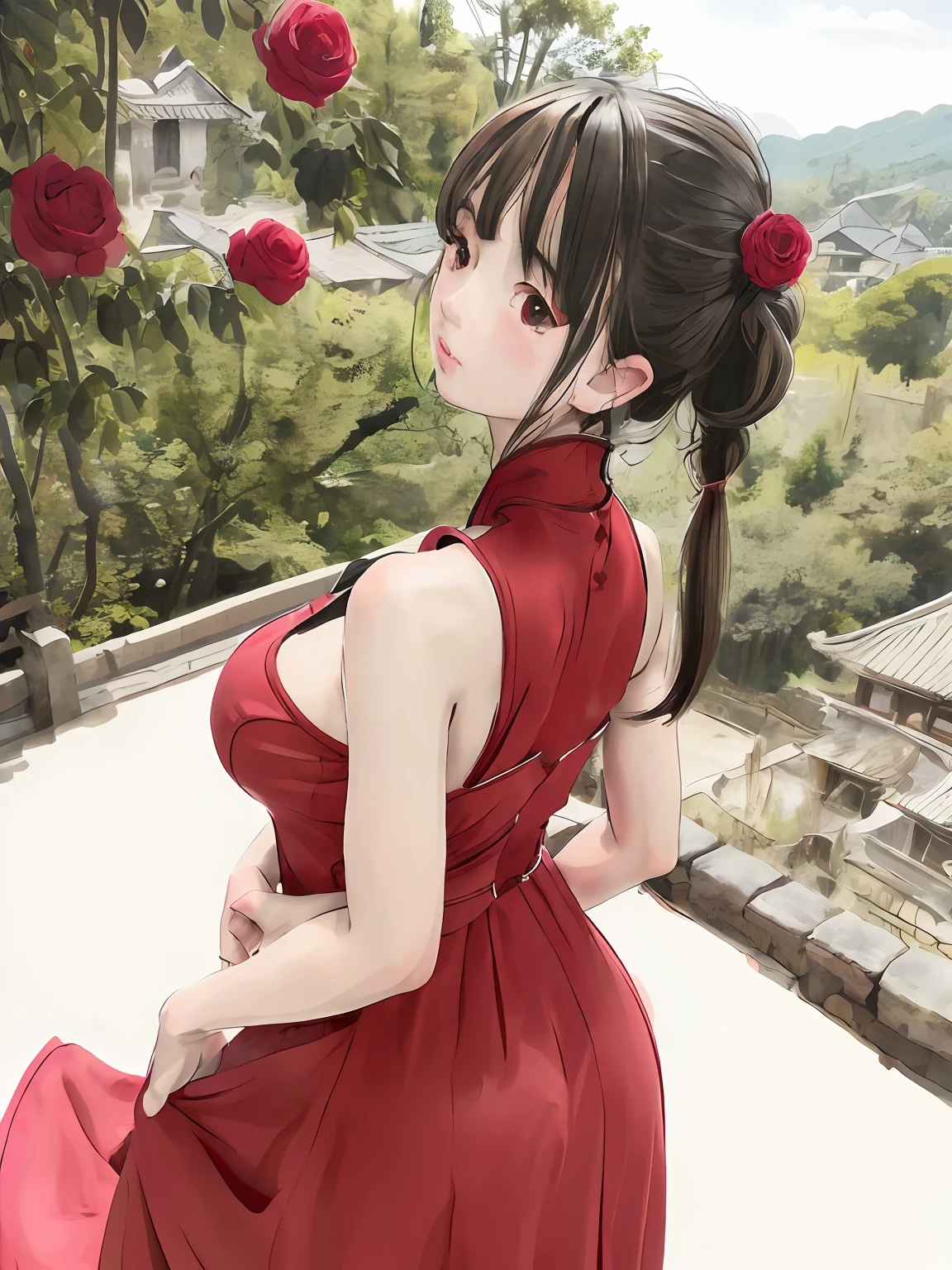 masterpiece, best quality, highres, 1girl, long hair, medium breasts, china dress, from side, looking back, upper body, partially immersed, rose, east asian architecture,