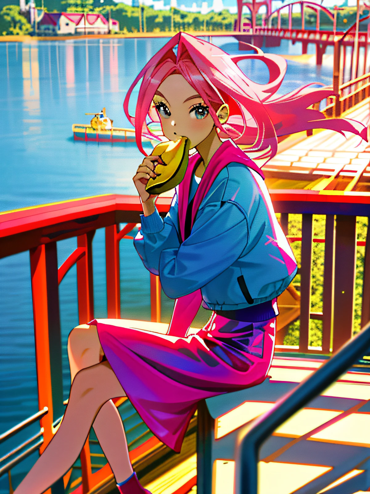 Beautiful girl with pink hair,Raised sexy,Sitting on the railing of the bridge eating bananas while drinking Coke,4k,hyper HD,quadratic element