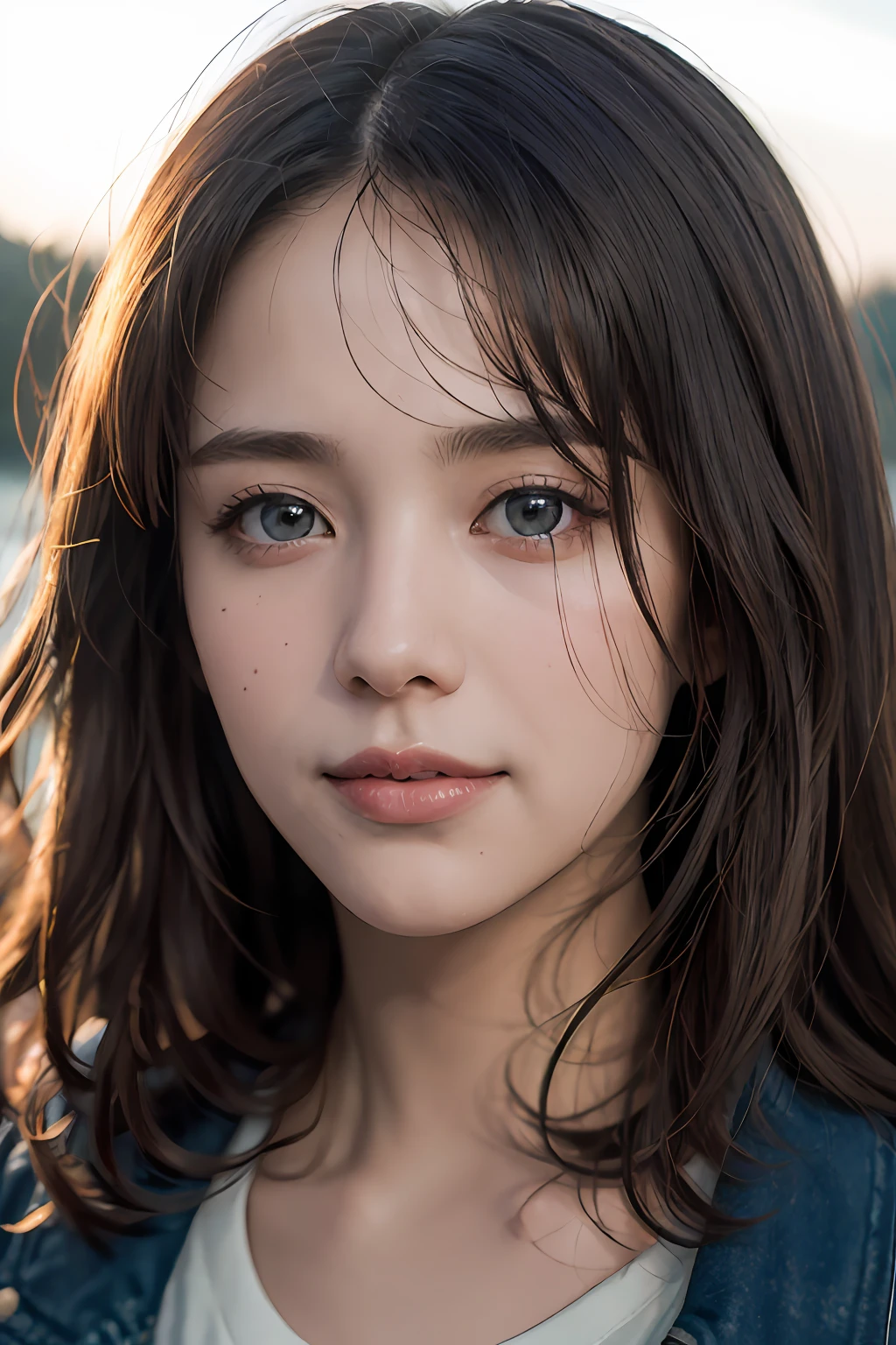Chiaroscuro, Cinematic lighting, A high resolution, Best quality, 4K, High quality, High details, Super detail, Masterpiece,Around the lake,tall nose bridge,Dew,Kizi,Messy beauty,Tanaka,with blue sky and white clouds,Dingdall effect,sun light,ssmile,adolable