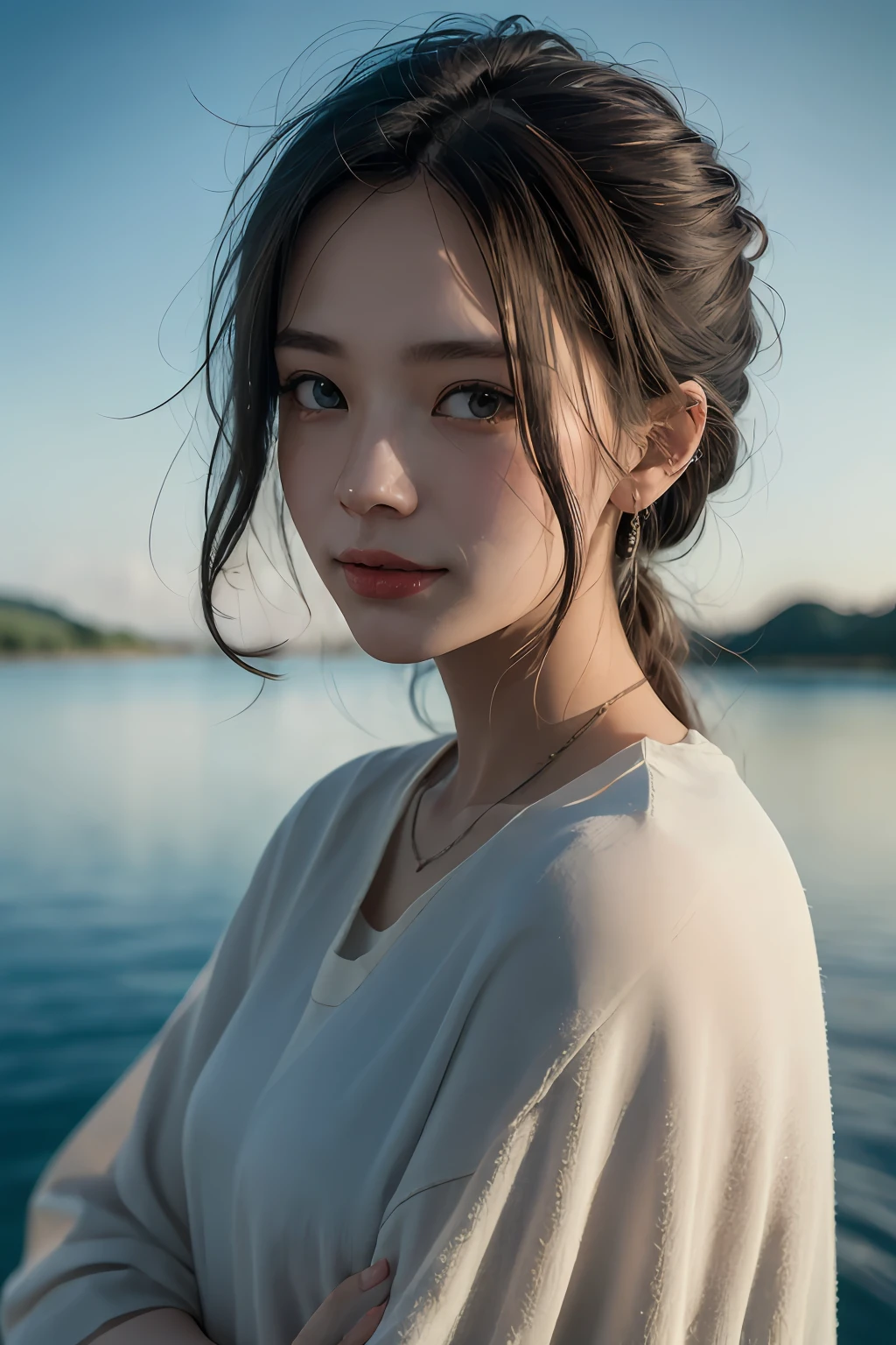 Chiaroscuro, Cinematic lighting, A high resolution, Best quality, 4K, High quality, High details, Super detail, Masterpiece,Around the lake,tall nose bridge,Dew,Kizi,Messy beauty,Tanaka,with blue sky and white clouds,Dingdall effect,sun light,ssmile,adolable
