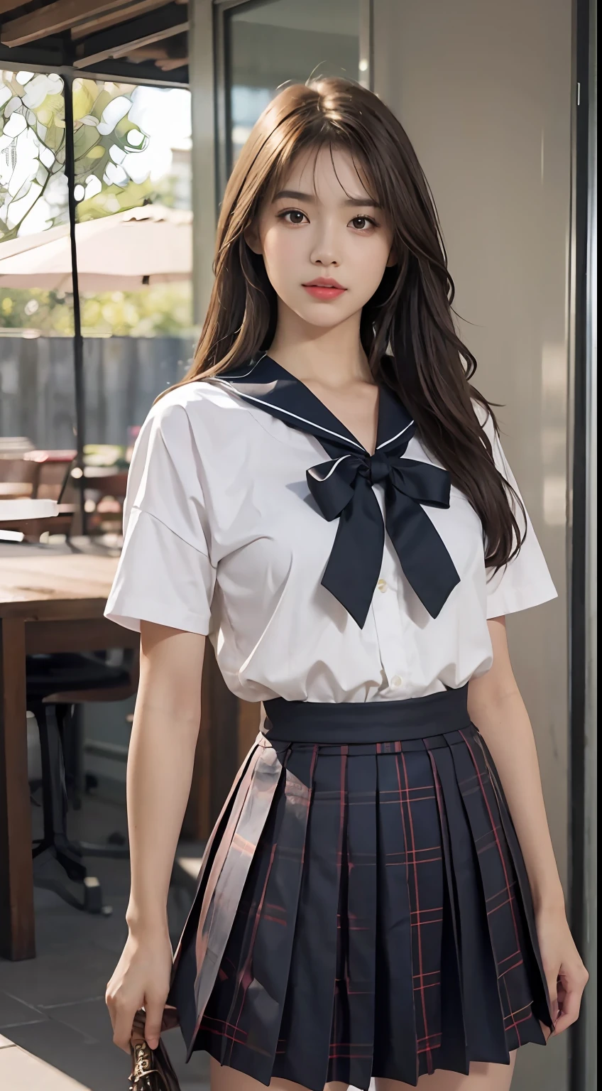 1 girl, solo, indoor, long hair, serafuku, looking at the audience, brunette hair, behind arms, pleated skirt, neckline, plaid skirt, sailor collar, short sleeves, brown eyes, sky, red collar, standing, brown hair, realistic, best quality, super high resolution, (realistic:1.4), perfect light, small breasts, parted lips, black thighs, full body, best quality, super high resolution, (realistic: 1.4), full body, dynamic angle, close up, cpl filter, blurry background, bokeh, blue hour
