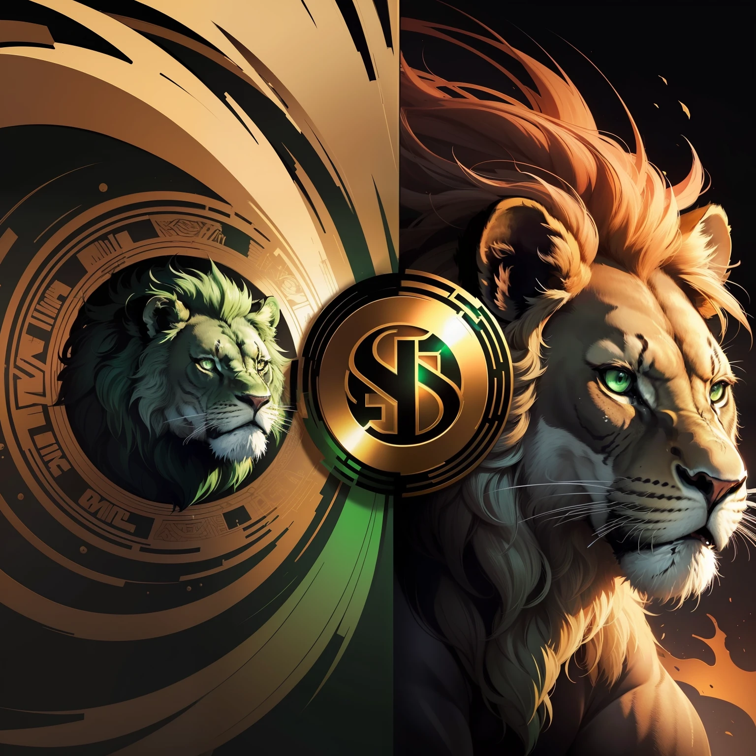 1lion (Round logo: 1.5)(Black and green lion: 1.5)(Ultra High Quality,unparalleled masterpiece:1.4)(Realism:1.2),(Realisitc:1.2)(absurdres:1.2)anime style,4k,Extremely perfect pixels,Detailed,A highly detailed,digital art,Flat vector art