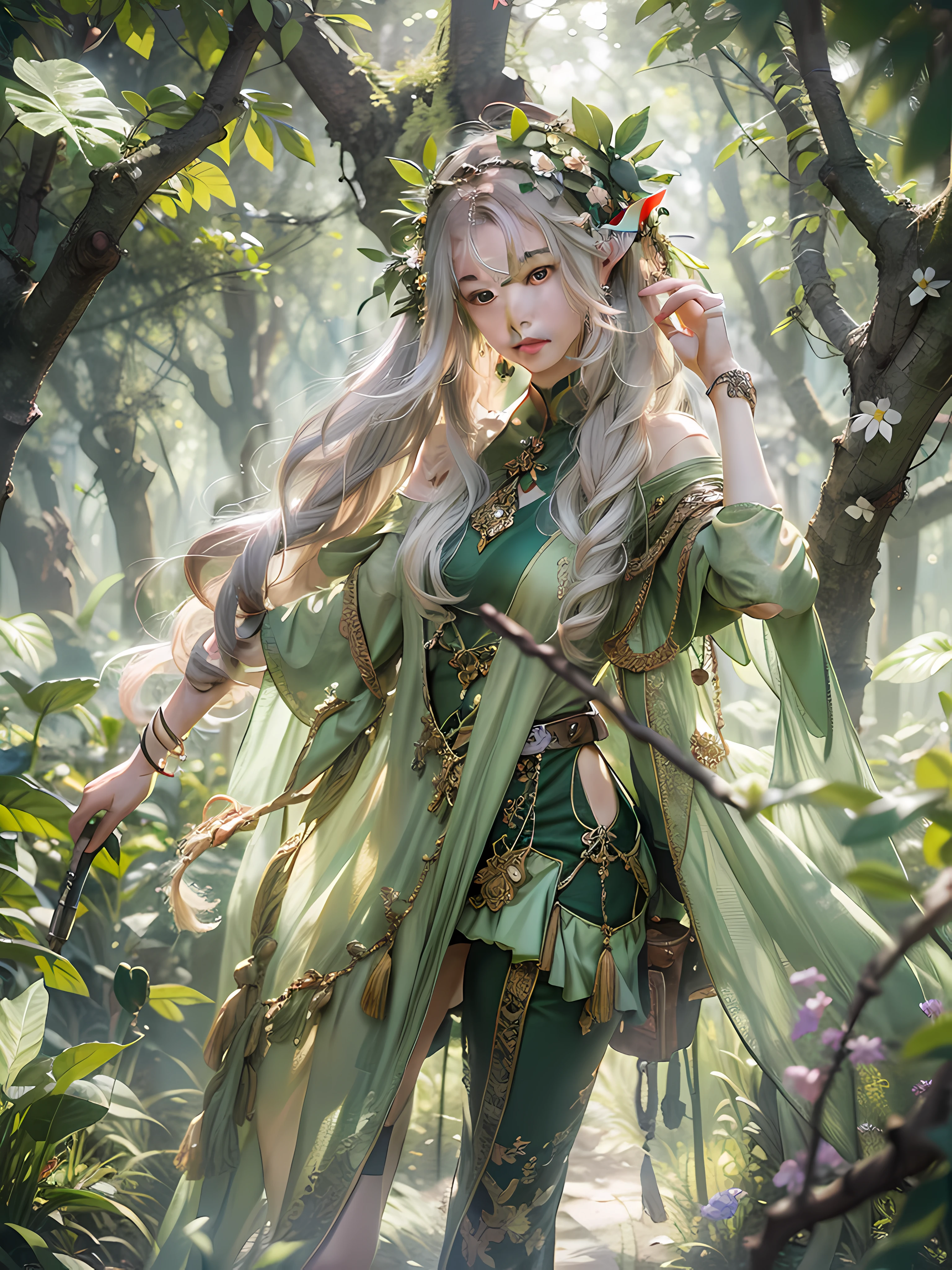 Best quality at best，Epic work，tmasterpiece，超高分辨率，the detail，photograph of-realistic，Cinema lenses，Natural lighting，Forest Elf Maiden，green color，sweet，Integration with the forest，the trees，fresh flowers