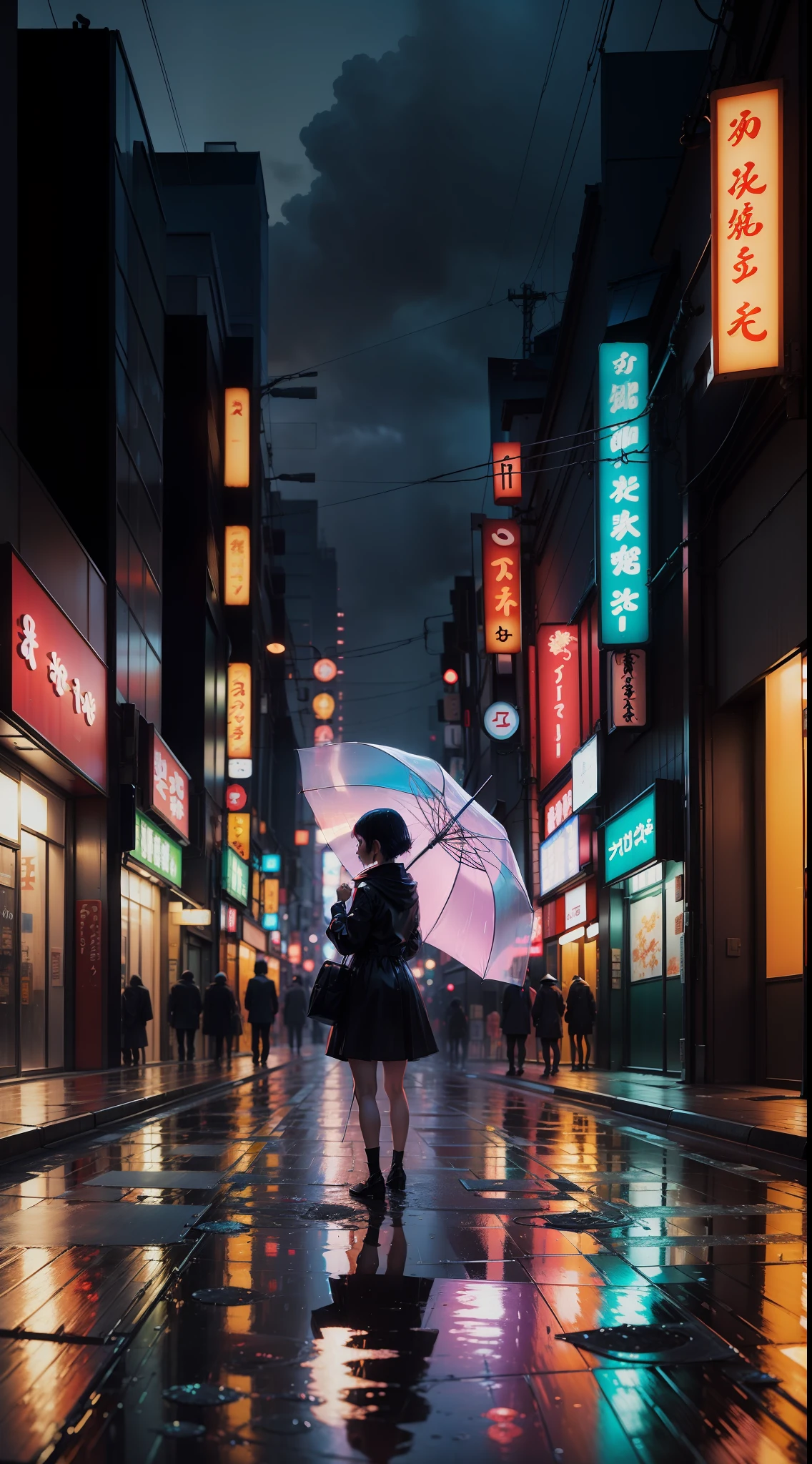 A transparent umbrella lying on the ground, Tokyo City, reflections on the floor, neon lights, chuva, WATER DRIPS, anime scenery
