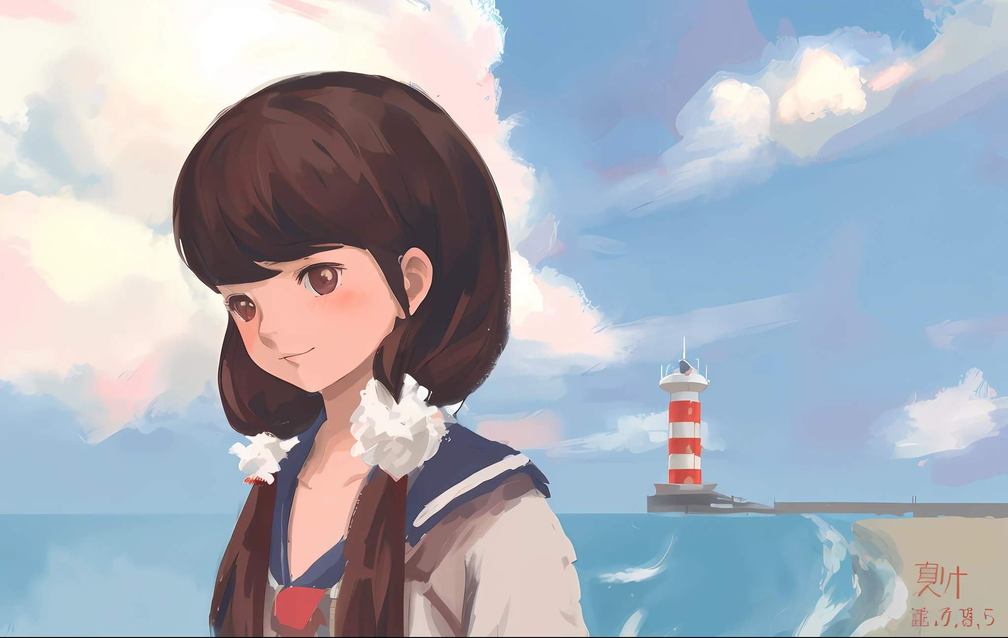 Anime girl with long brown hair and red and white beacon on background, drawn in anime painter studio, made with anime painter studio, Soft anime illustration, Digital anime illustration, studio ghibli painterly style, lofi portrait, inspired by Kamisaka Sekka, inspired by Takehisa Yumeji, Stylized anime, Anime style portrait, anime portrait