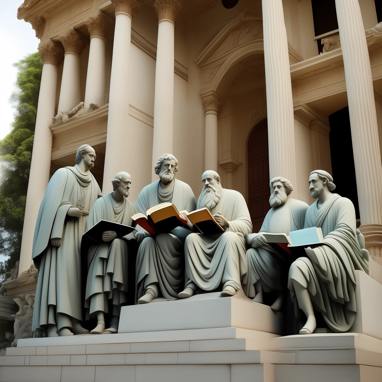 Statue of 5 philosophers with books in hand, em campo aberto estatuas em fileiras, com fundo de cidade detalhados