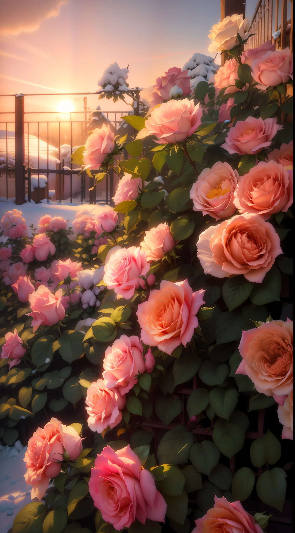 Pink roses grow in the snow near the fence, roses in cinematic light, Beautiful and aesthetic, with soft bushes, beautiful aesthetic, Rose garden, pink golden hour, rosette, rosses, with soft pink colors, beutifull, at gentle dawn pink light, beautiful flowers growing, floral sunset, beautiful morning, Pink flowers, light pink tonalities, Beautiful flowers