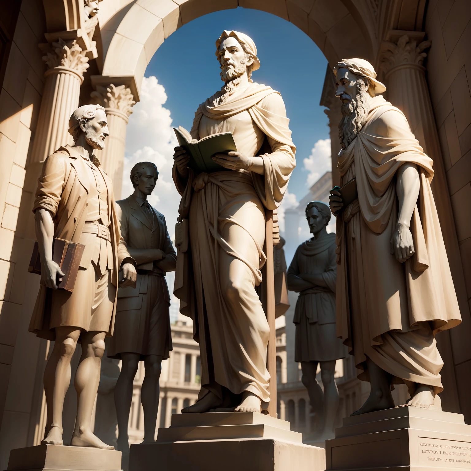 Statue of 5 philosophers with books in hand, em campo aberto estatuas em fileiras, com fundo de cidade detalhados