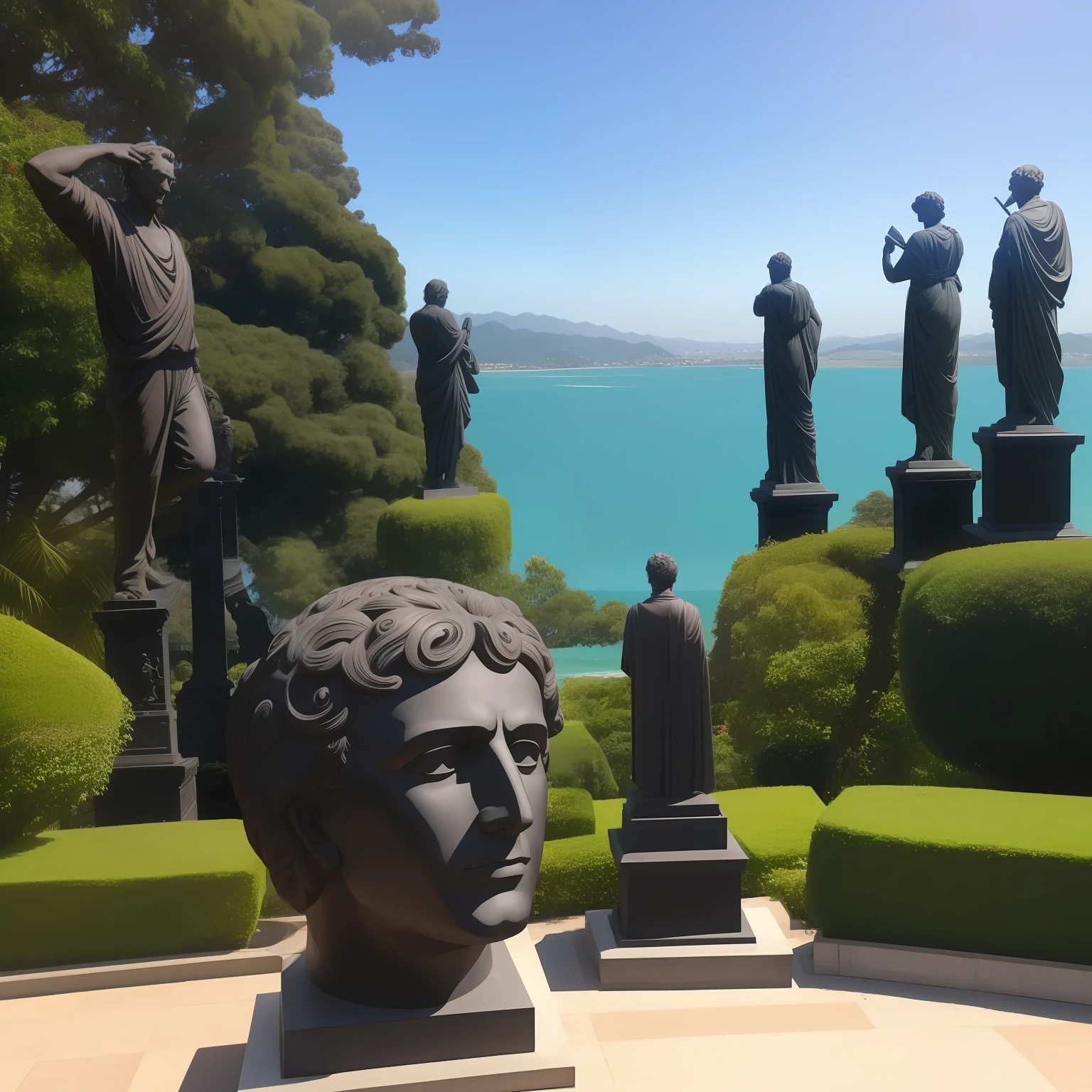 estatua de 10 filosofos, vista de frente de distancia media com as estatuas proximas uma da outra