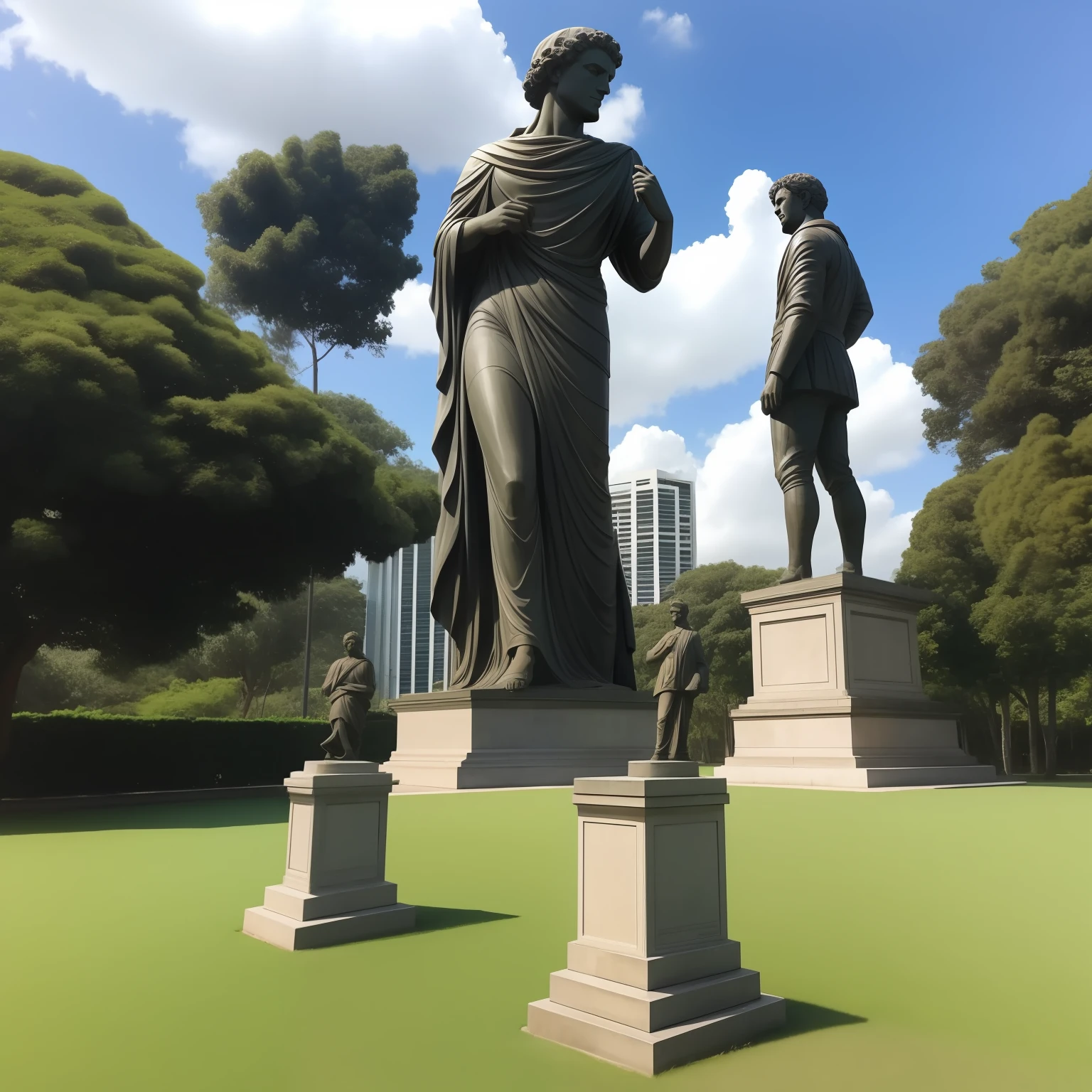 estatua de 5 filosofos, em campo aberto estatuas em fileiras