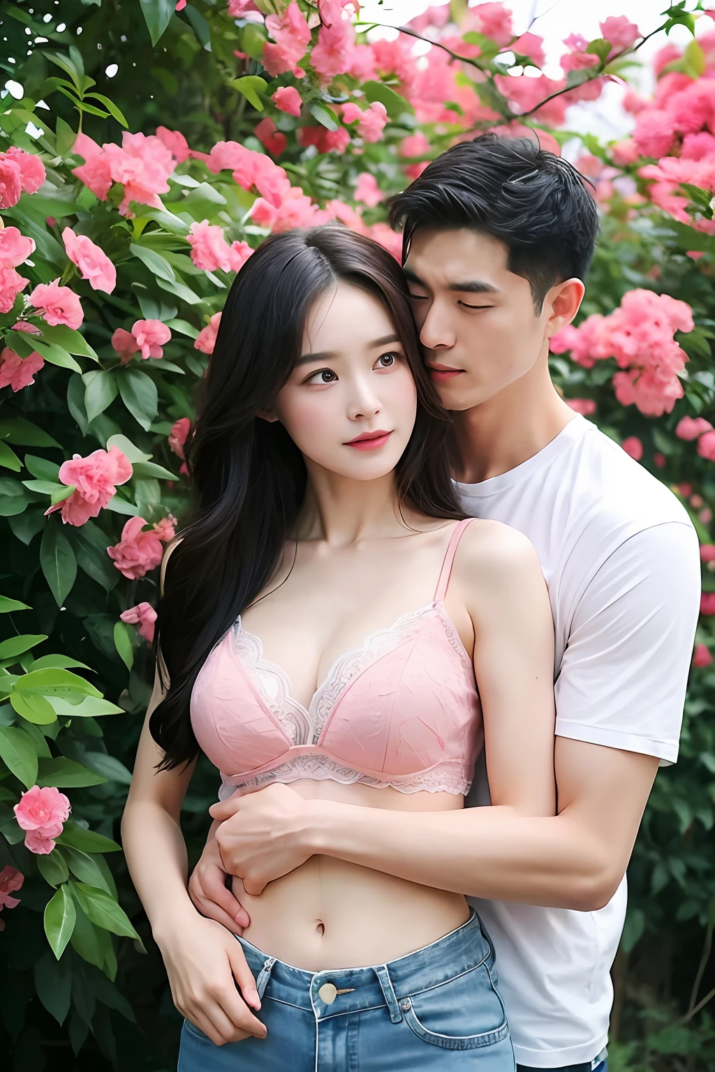（Highly detailed body，Highly detailed face，Best quality at best：1.2） ，A woman who is，looki at viewer，（Pink bra，pants），（Pink curtains in the background：1.4）Yulong looked condescendingly at the wife of the young woman in her arms，But seeing her panting，Delicate cheeks fluttered over two red clouds，The delicate and mature body rubbed against his chest。Shyly pushed Yulong's chest, Trying to stop the circle on her chest from making contact with his body，But the distance between the two people still did not move，Fit snugly！