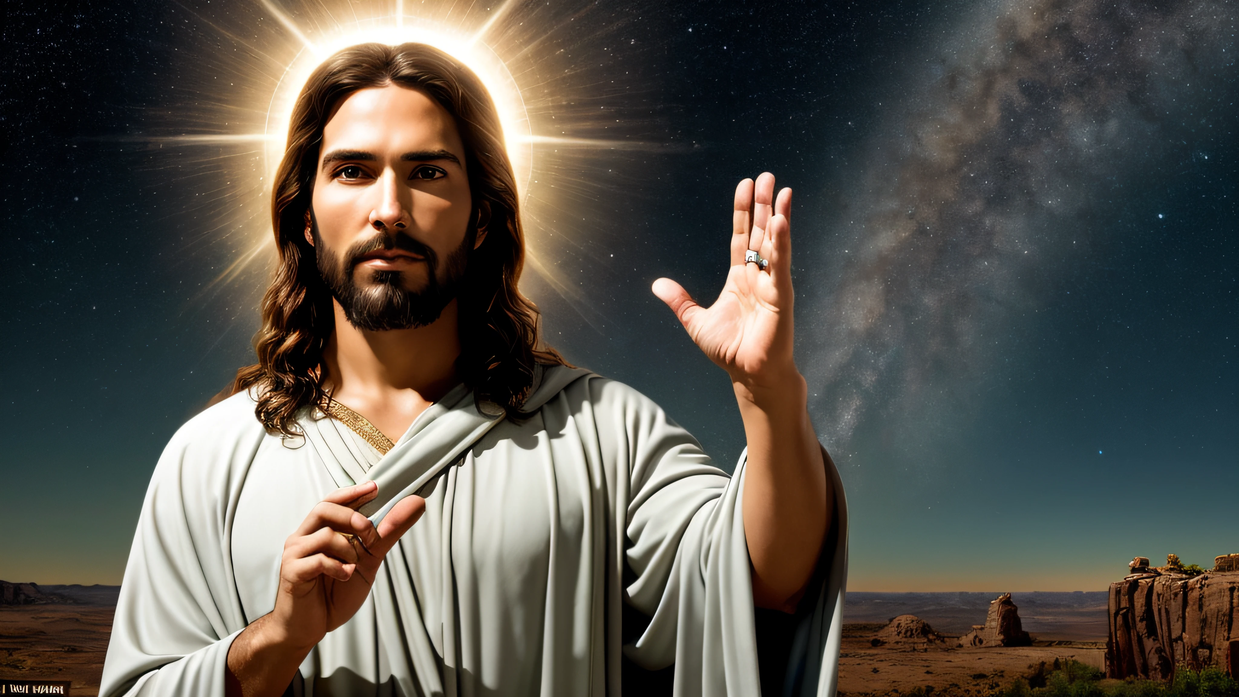 The Living Savior: A highly realistic portrayal of Jesus, capturing his compassionate presence. He gestures with his hand, signaling for five minutes of undivided attention. The divine aura envelops him, radiating a sense of grace and love. The scene is set against a celestial backdrop, with stars shining like halos. The atmosphere is imbued with profound spirituality and a call for introspection. The artstyle blends hyperrealism with ethereal lighting. Unlikely references: Classic religious paintings and modern digital art. Parameters: --ar 16:9 --seed 7000-10000 --chaos 1-10 --stylize 1-150 .