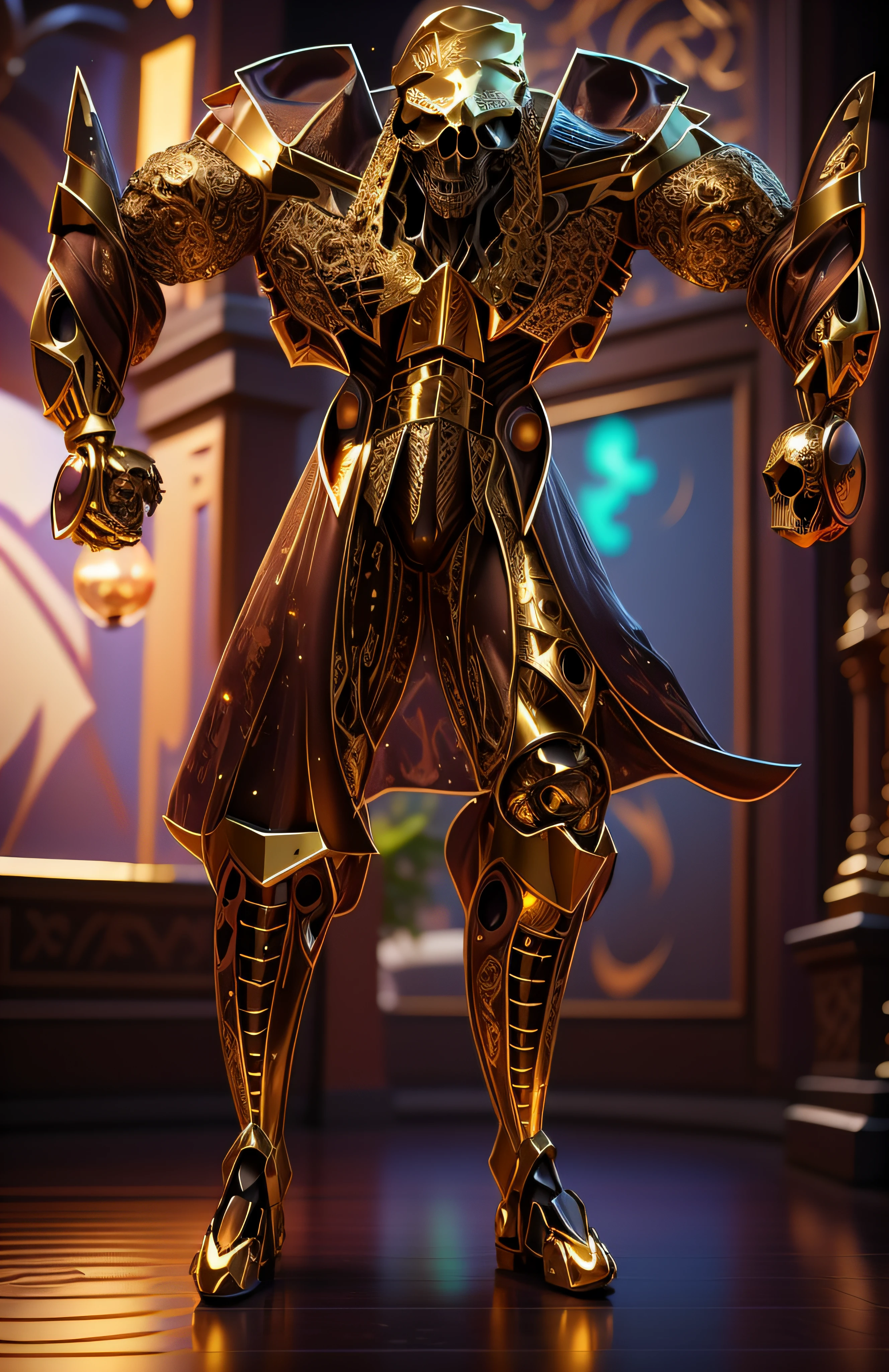 The sinister depiction of a skull-themed pirta, amarelo luminoso com dourado, pele feita de neon amarelo, 3D-rendering, Hyper-realistic graphics, 3D-rendering, 8k, NVIDIA, RTX 4090 | | | | | | | | | | |, ray tracing, Bokeh, Galaxy scenery,