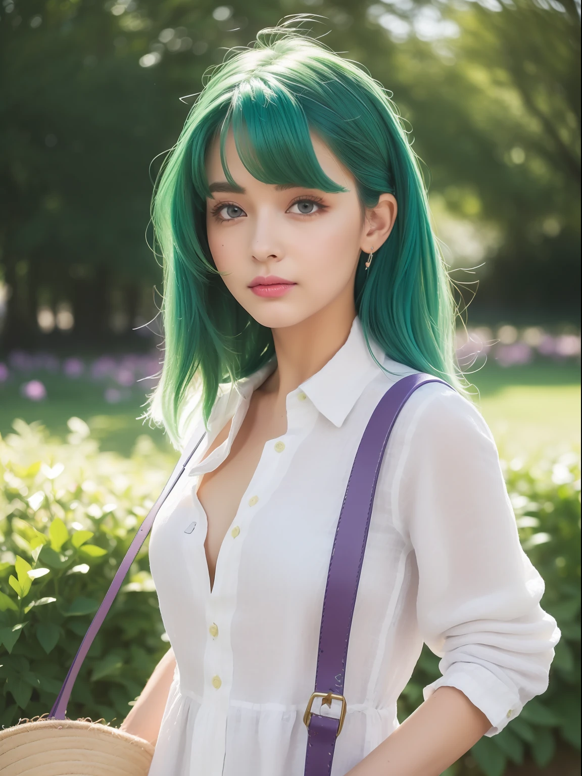 (masterpiece:1.4, best quality), (intricate details), unity 8k wallpaper, ultra detailed, (photorealistic:1.2), beautiful and aesthetic, perfect lighting, (1girl), ((multicolored hair, two-tone hair, very light green hair, blue hair, purple eyes:1.3, medium breasts)), dynamic pose, dynamic angle,  lipstick, slim, slim body, (Linen_shirt_dress:1.4),(Straw_crossbody_bag:1.3),(Slip-on_espadrilles:1.2),(Picnic_garden_background:1.4), detailed background, realistic, perfect detailed face, detailed eyes, highly detailed, blush, hair ornament,
