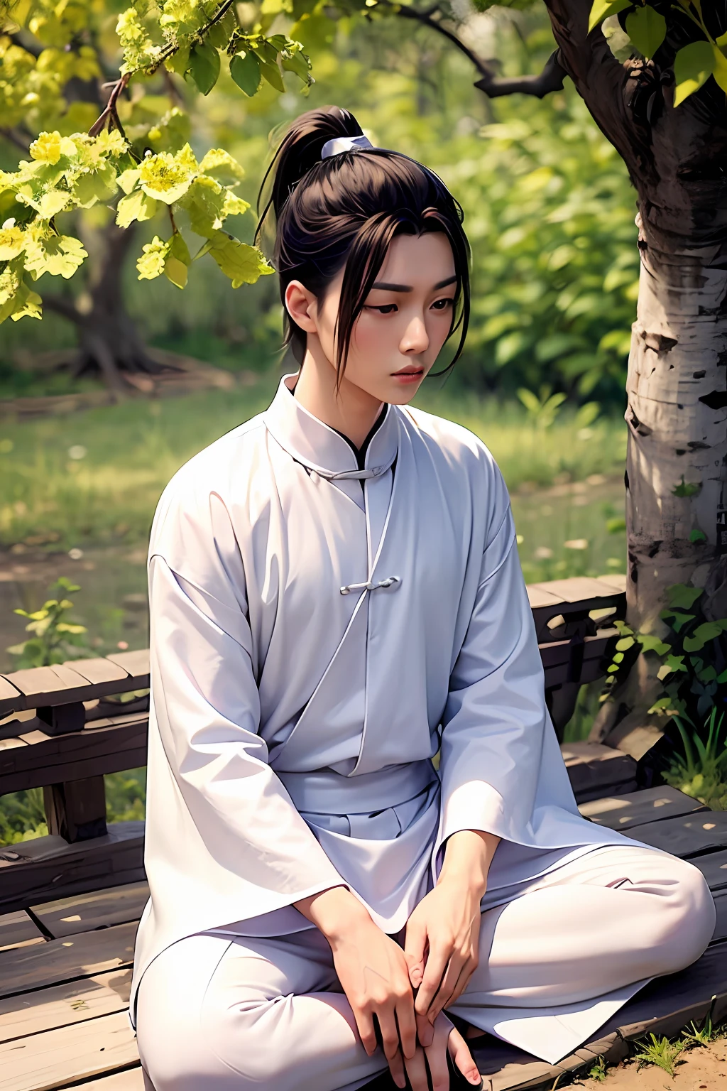 A young Taoist in white meditates under a Bodhi tree