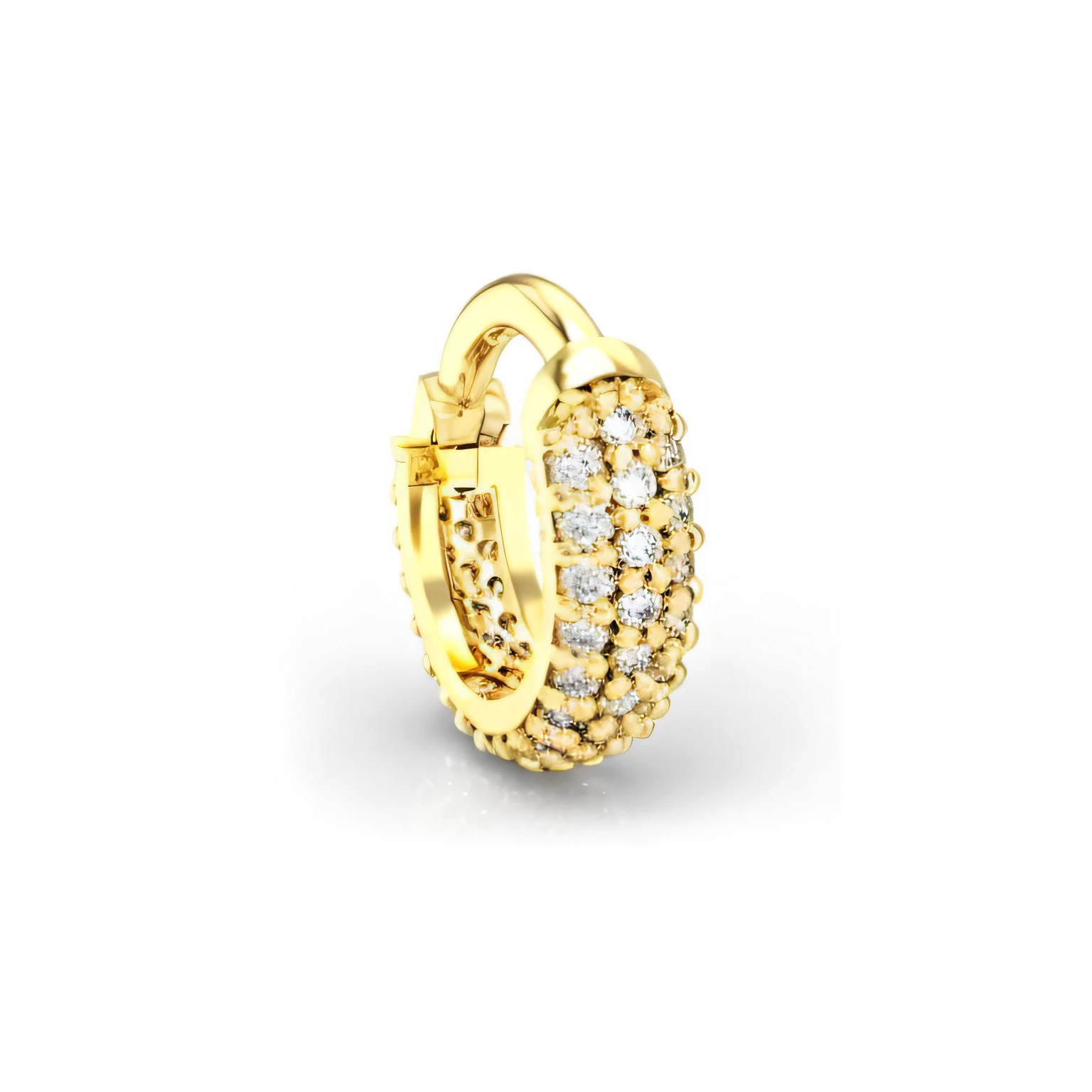 a gold-rimmed earring with cubes and diamonds, ouro dourado e diamantes, Brincos de aro de ouro, ultra detalhado 16k, brinco de ouro, 3D 16K, banhado a ouro, 360, full-length view, pequenos brincos cravejados, Airpods Bling, very realistic, 8 K H 1 0 2 4, h 1088, ouro realista