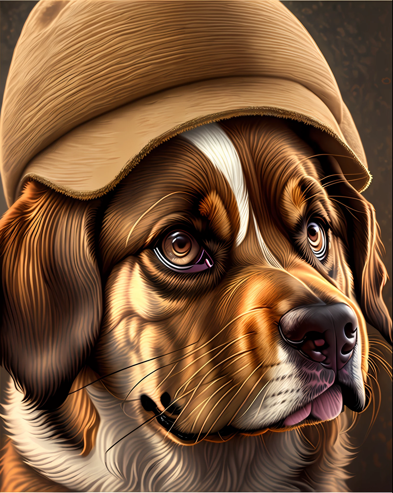 brown dog, brown eyes, dark background, hat in the head, close up --auto --s2