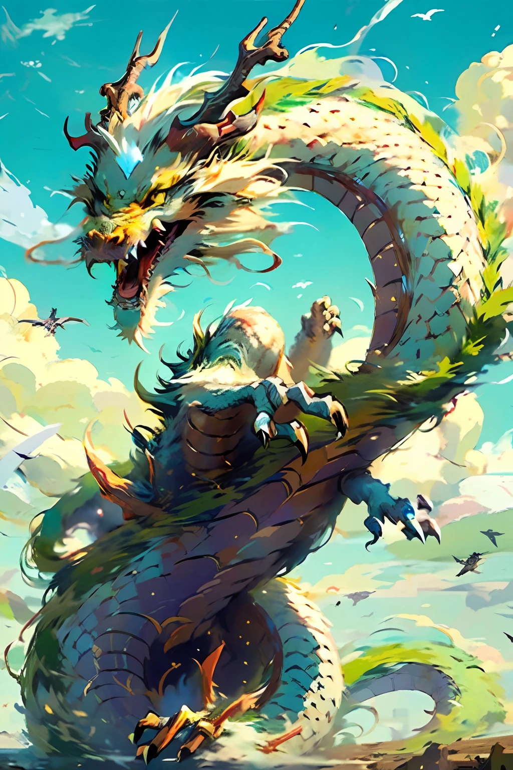 Best quality,masterpiece,ultra high res,nu no humans, (long:1.2),sky, yellow eyes, cloud, scales, eastern dragon, open mouth, sharp teeth, flying, horns, teeth, day, claws, fangs, blue sky