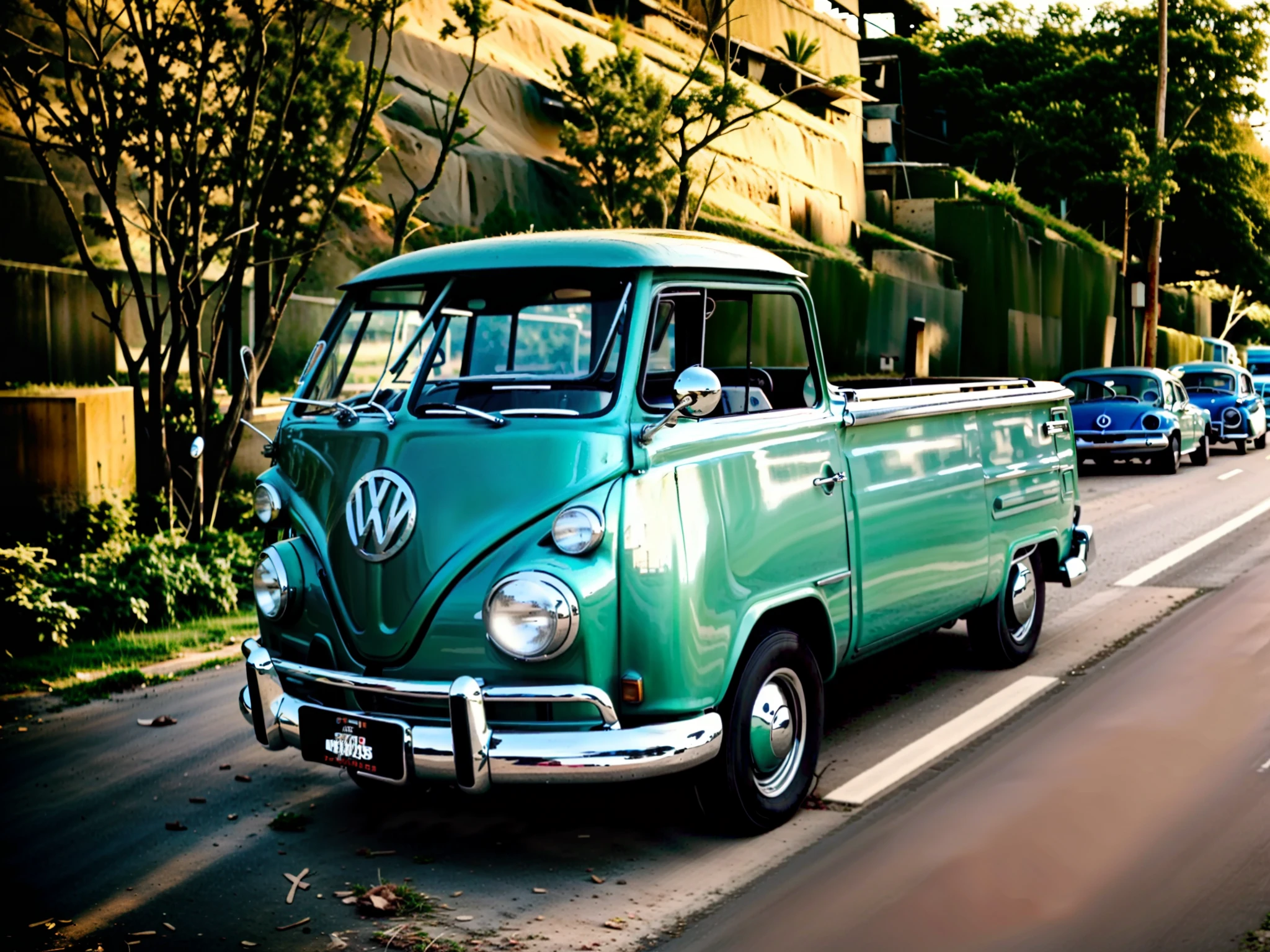 There is a blue VW Kombi parked on the shoulder of the road, Kombi, 1959, Vindima - W V, 1958,, perfil frontal, Restomod