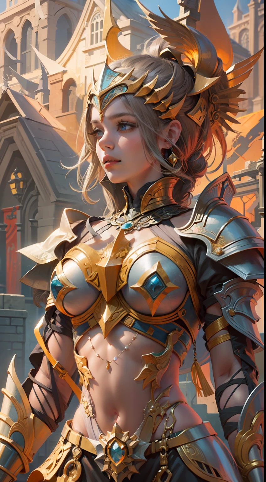 Beautiful woman in insanely intricate Solar Paladin Outfit