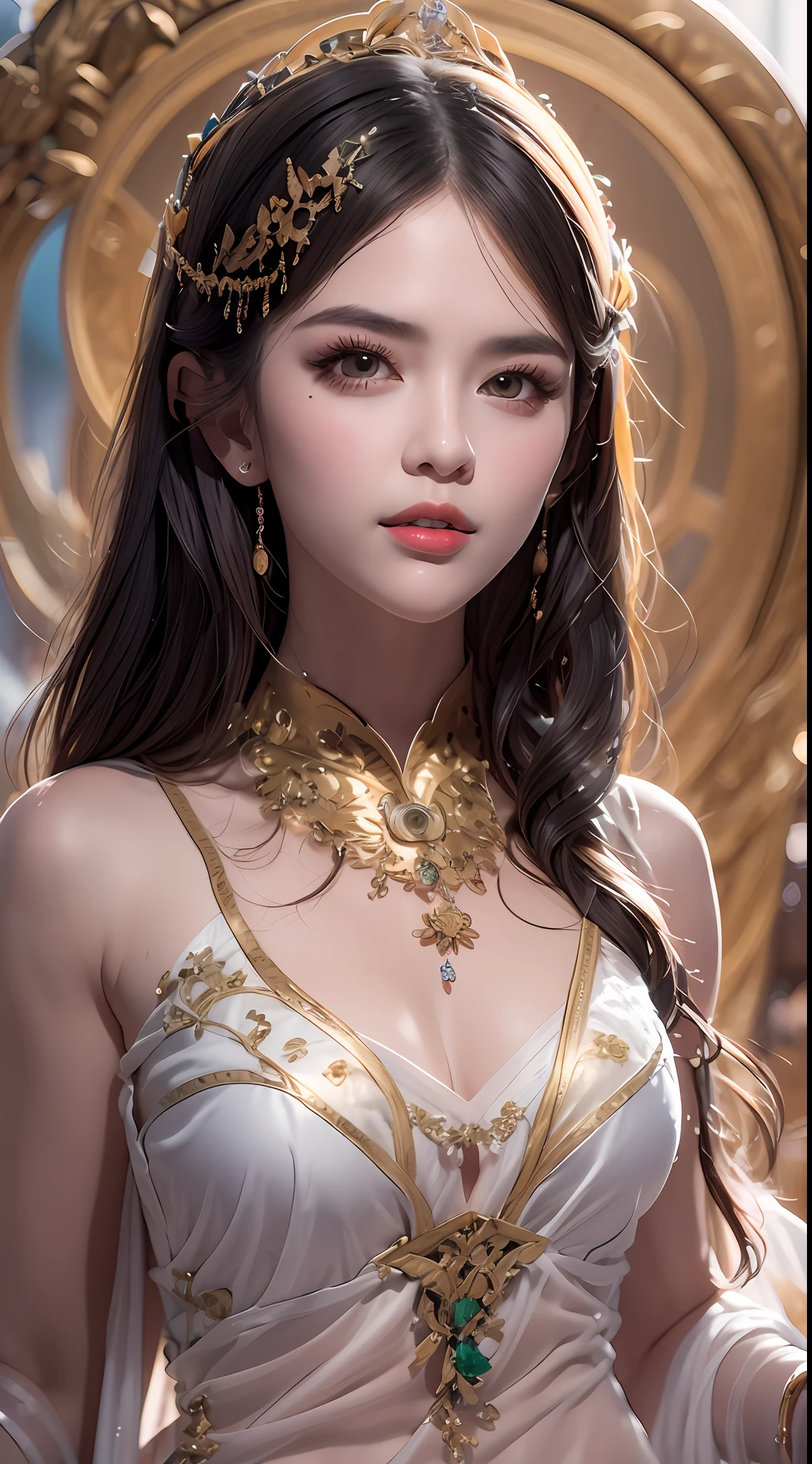 Portrait of a young 20-year-old saint, a saint with a beautiful and super cute face,Wearing a thin red dress with gold edging and glittering and sexy, Ao dai is studded with small sparkling pearls, beautiful cute face, Ao dai with a deep slit in the chest and attractive black and white lace trim, beautiful face without blemishes, shut up, ((7-color hair length:1.2)), big crown, hair brooch, hanfu dress, chinese ancient style, full body jewelry, forehead tattoo, The female saint's breasts are round and very full, breast augmentation, innocent face, The most beautiful and detailed light red lipstick, ((Thin plump lips:0.3)), ((Golden eyes:1.2)), The eyes are delicately decorated,(white and detailed) cinematic, light and dark, dramatic lighting, magical light, extremely detailed light, true color, super sharp, realistic, 8k quality, fantasy universe background, saints and magical space, the most detailed images, Solo, a saintess, ((looking directly at the saint's upper body:0.4)), ((smooth skin:0.5)), Extremely detailed pixels, super true, extremely detailed and complex graphics, the highest resolution, close-up portrait, bottom-up angle, magnify the image,