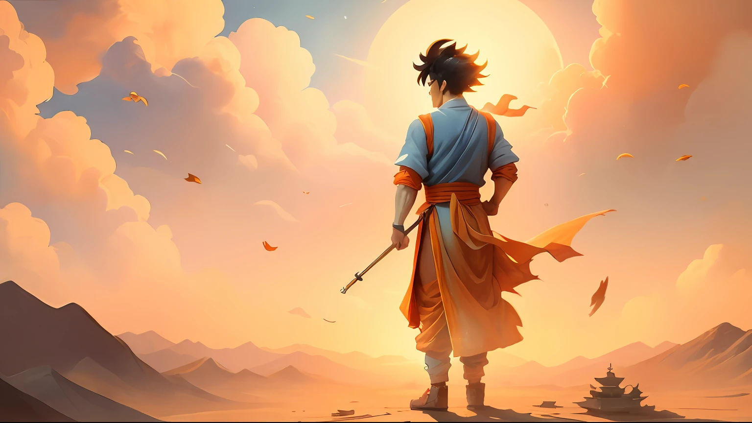 ((Son Goku))Standing tall,Endless((A desert)),Ancient Chinese city walls(中景 the scene is), blue-sky,Rolling white clouds,Golden hoop rod(Long and thick metal rod)Fly,The sunset is close to the horizon,Melancholic landscape tones,Autumn tones,(tmasterpiece),(Best picture quality),(Very detailed and uniform picture),(8k wallpaper),(Chinese folk style painting),(Watercolor style painting),(Noticeable light and shadow effects),style of surrealism,(Highly expressive painting style),Creative inspiration:Writings on classical Chinese mythology《Journey》,Ray rendition