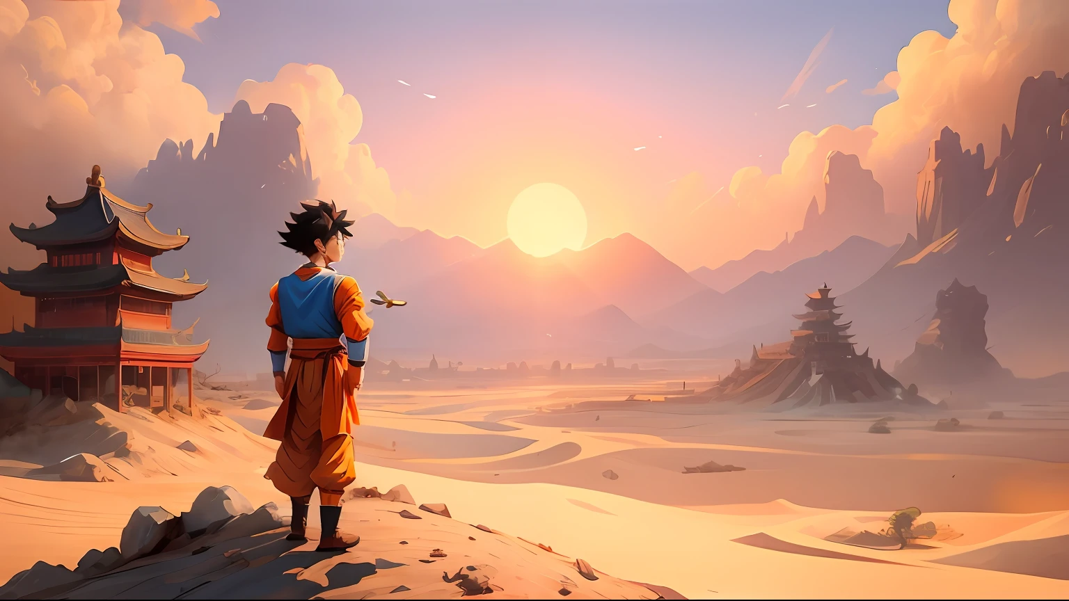 ((Son Goku))Standing tall,Endless((A desert)),Ancient Chinese city walls(中景 the scene is), blue-sky,Rolling white clouds,Golden hoop rod(Long and thick metal rod)Fly,The sunset is close to the horizon,Melancholic landscape tones,Autumn tones,(tmasterpiece),(Best picture quality),(Very detailed and uniform picture),(8k wallpaper),(Chinese folk style painting),(Watercolor style painting),(Noticeable light and shadow effects),style of surrealism,(Highly expressive painting style),Creative inspiration:Writings on classical Chinese mythology《Journey》,Ray rendition