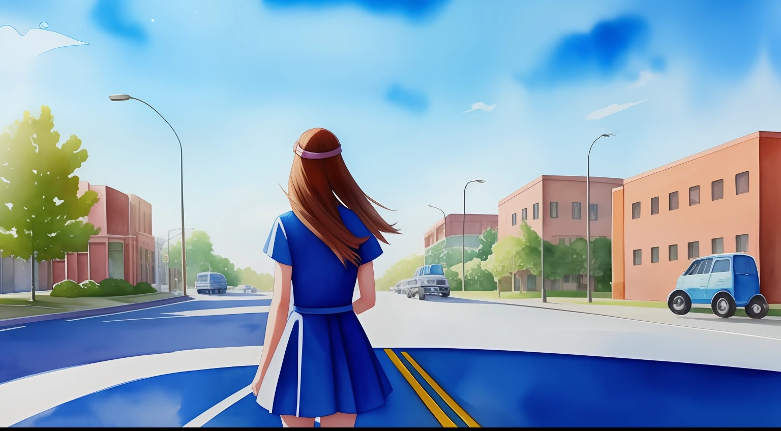 High school girl looking up at blue sky at intersection in city,Rear view,top-quality, mystical fantasy, Solitude,watercolor paiting