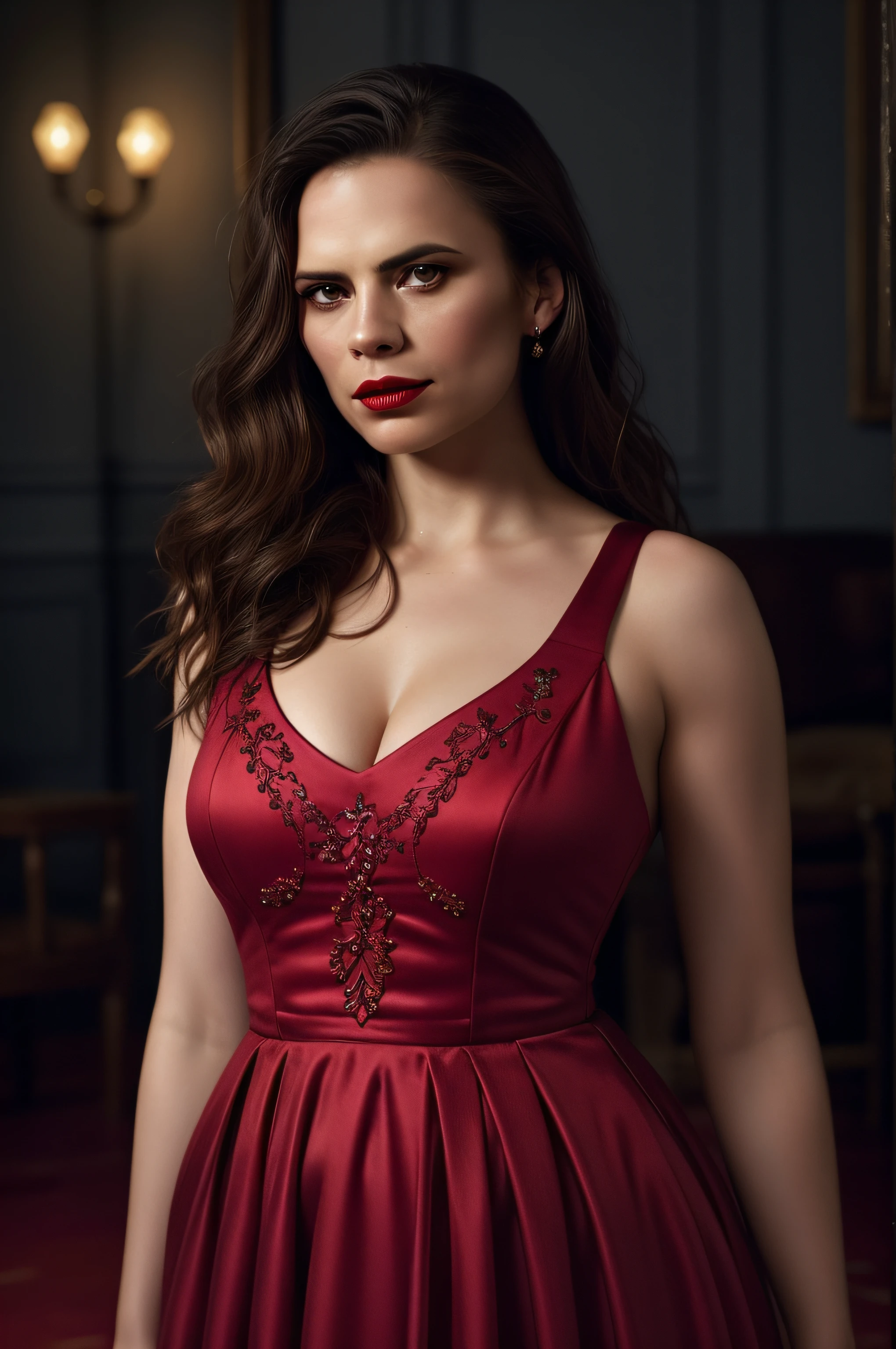 Beautiful woman, Hayley Atwell, standing, wearing (scarlet floor length gown), beautiful legs, long wavy hair, detailed eyes, (detailed realistic face), (skin texture), blood red lips, dark eye makeup, very  pale skin, confident, highly detailed, candid style, (extremely detailed CG unity 8k wallpaper), (whole body shoot::1.4), photo of the most beautiful artwork in the world, dark gothic, fashion top model, trending on ArtStation, trending on CGSociety, Jeremy Mann, Intricate, High Detail, Sharp focus, dramatic, photorealistic painting art by midjourney