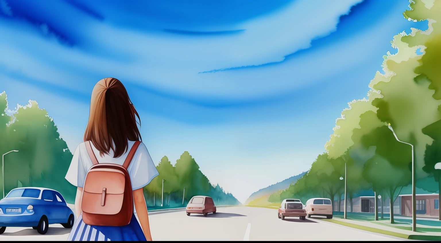 High school girl looking up at blue sky at intersection in city,Rear view,top-quality, mystical fantasy, Solitude,watercolor paiting