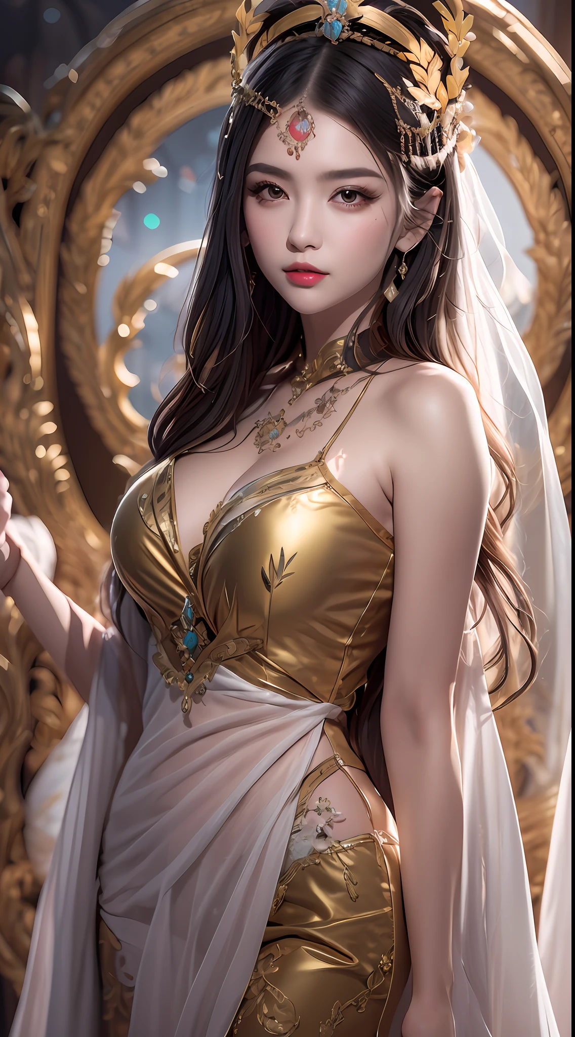 Portrait of a young 20-year-old saint, a saint with a beautiful and super cute face,Wearing a thin red dress with gold edging and glittering and sexy, Ao dai is studded with small sparkling pearls, beautiful cute face, Ao dai with a deep slit in the chest and attractive black and white lace trim, beautiful face without blemishes, shut up, ((7-color hair length:1.2)), big crown, hair brooch, hanfu dress, chinese ancient style, full body jewelry, forehead tattoo, The female saint's breasts are round and very full, breast augmentation, innocent face, The most beautiful and detailed light red lipstick, ((Thin plump lips:0.3)), ((Golden eyes:1.2)), The eyes are delicately decorated,(white and detailed) cinematic, light and dark, dramatic lighting, magical light, extremely detailed light, true color, super sharp, realistic, 8k quality, fantasy universe background, saints and magical space, the most detailed images, Solo, a saintess, ((looking directly at the saint's upper body:0.4)), ((smooth skin:0.5)), Extremely detailed pixels, super true, extremely detailed and complex graphics, the highest resolution, close-up portrait, bottom-up angle, magnify the image,