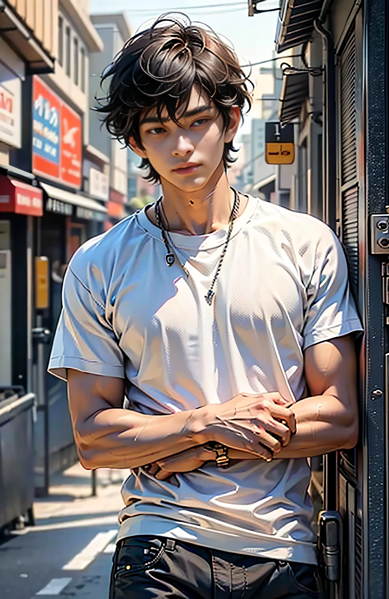 (best qualtiy,tmasterpiece)of a guy,Fine face,Handsome man,Black hair short hair,Don't look at the camera,sideface,White casual clothes,The upper part of the body,sportrait,Background in front of window
