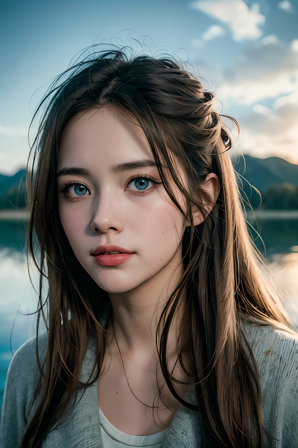 Chiaroscuro, Cinematic lighting, A high resolution, Best quality, 4K, High quality, High details, Super detail, Masterpiece,Around the lake,tall nose bridge,Raised sexy,Kizi,Messy beauty,with blue sky and white clouds,Dingdall effect,sun light,ssmile,adolable