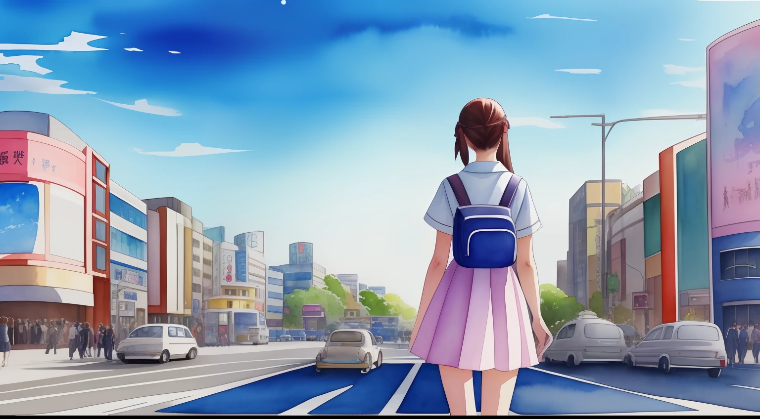 High school girl looking up at blue sky at intersection in Shibuya,Rear view,top-quality, mystical fantasy, Solitude,watercolor paiting