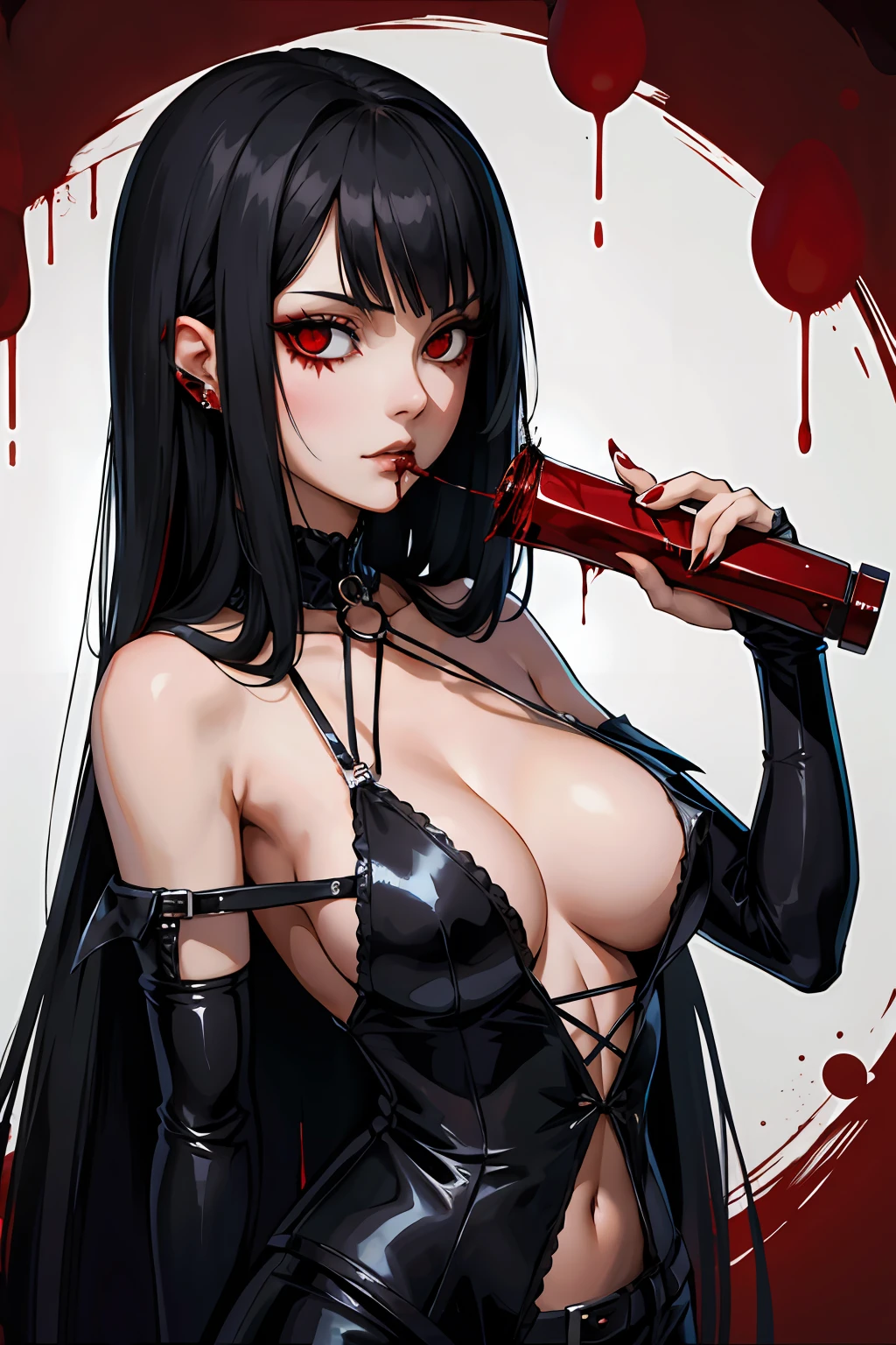 Girl long black hair with bang gothic drinking blood gore blood organs blood horror